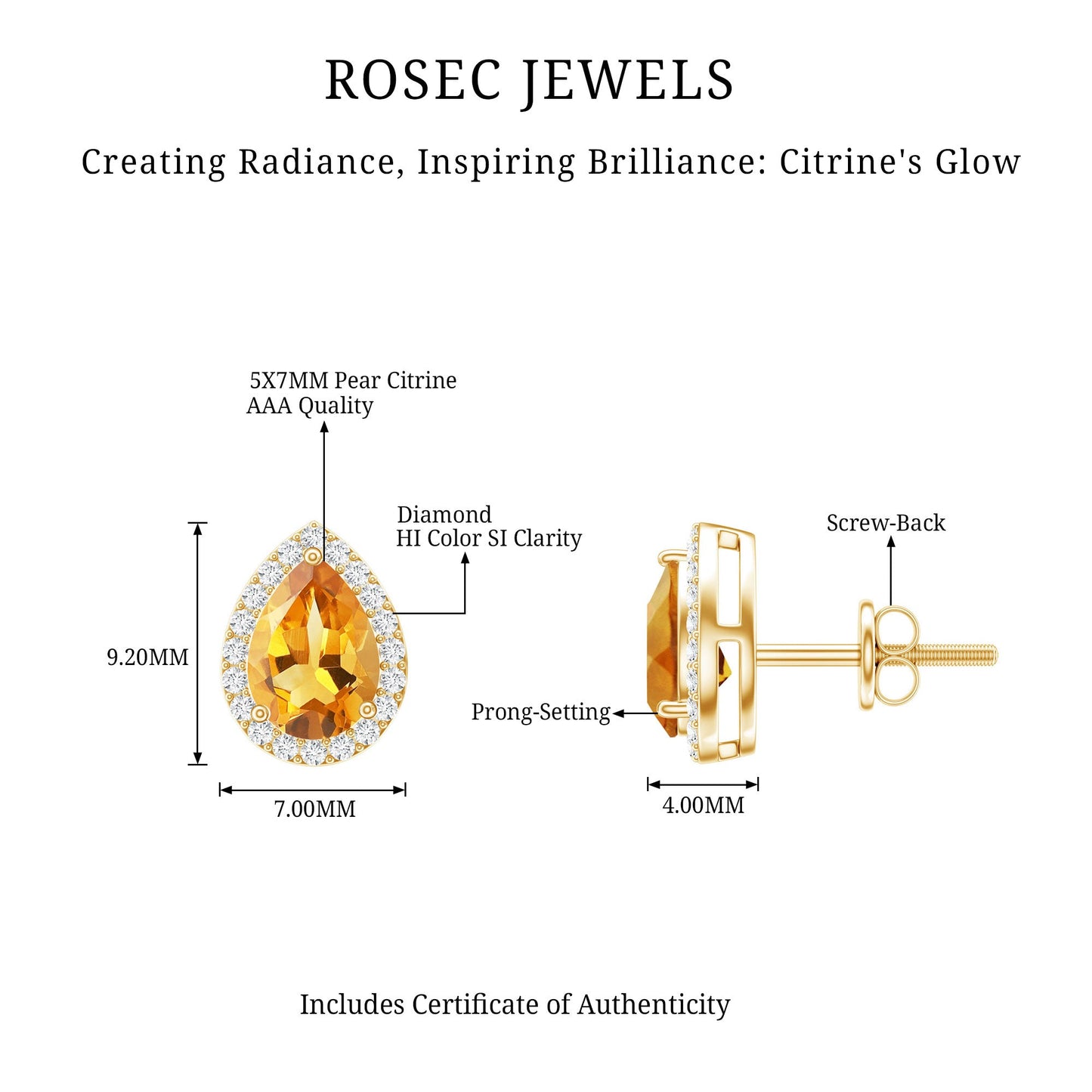 Certified Real Pear Shape Citrine Stud Earrings with Diamond Halo