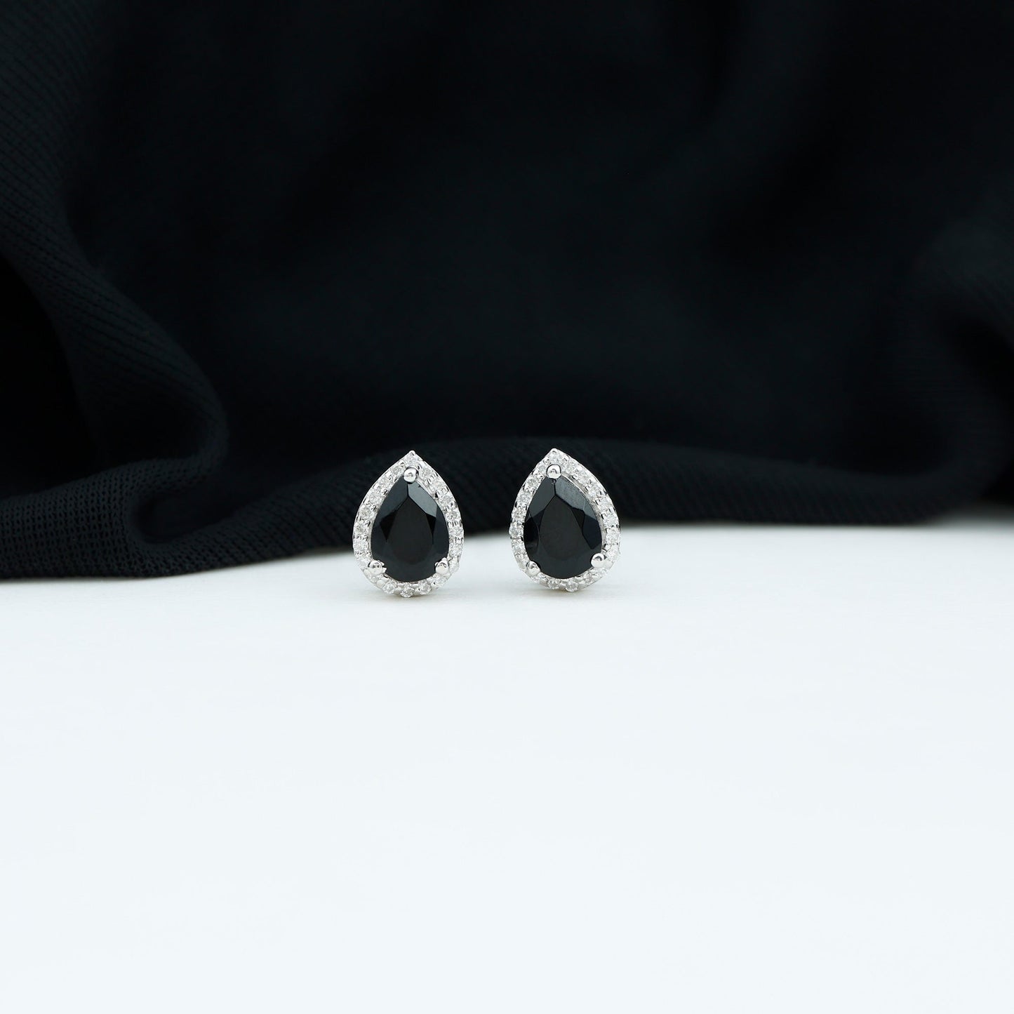 Lab Created Black Diamond Teardrop Stud Earrings with Diamond Halo