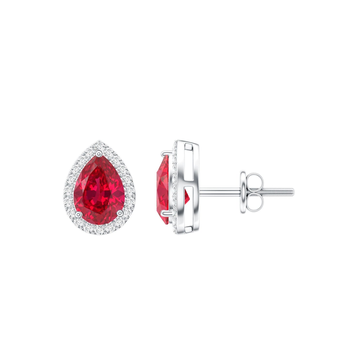 Lab Created Ruby Teardrop Stud Earrings with Diamond Halo