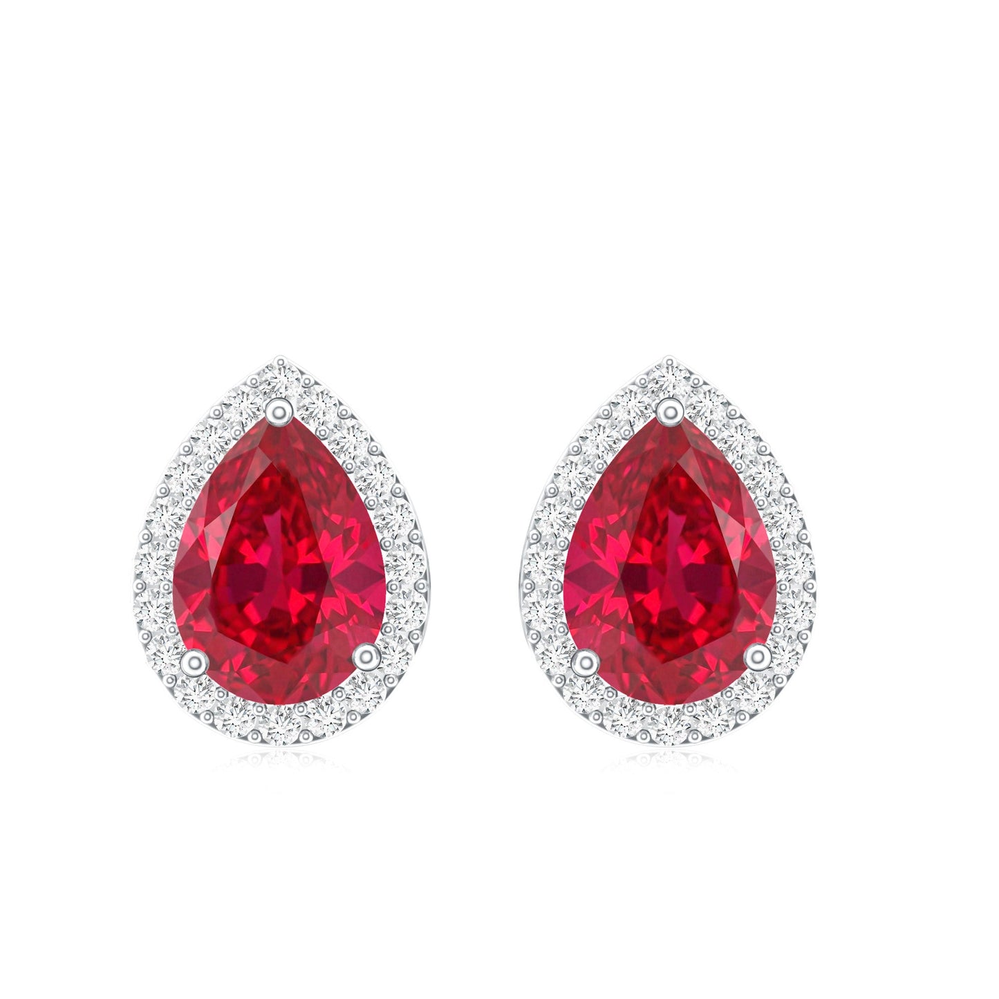 Lab Created Ruby Teardrop Stud Earrings with Diamond Halo
