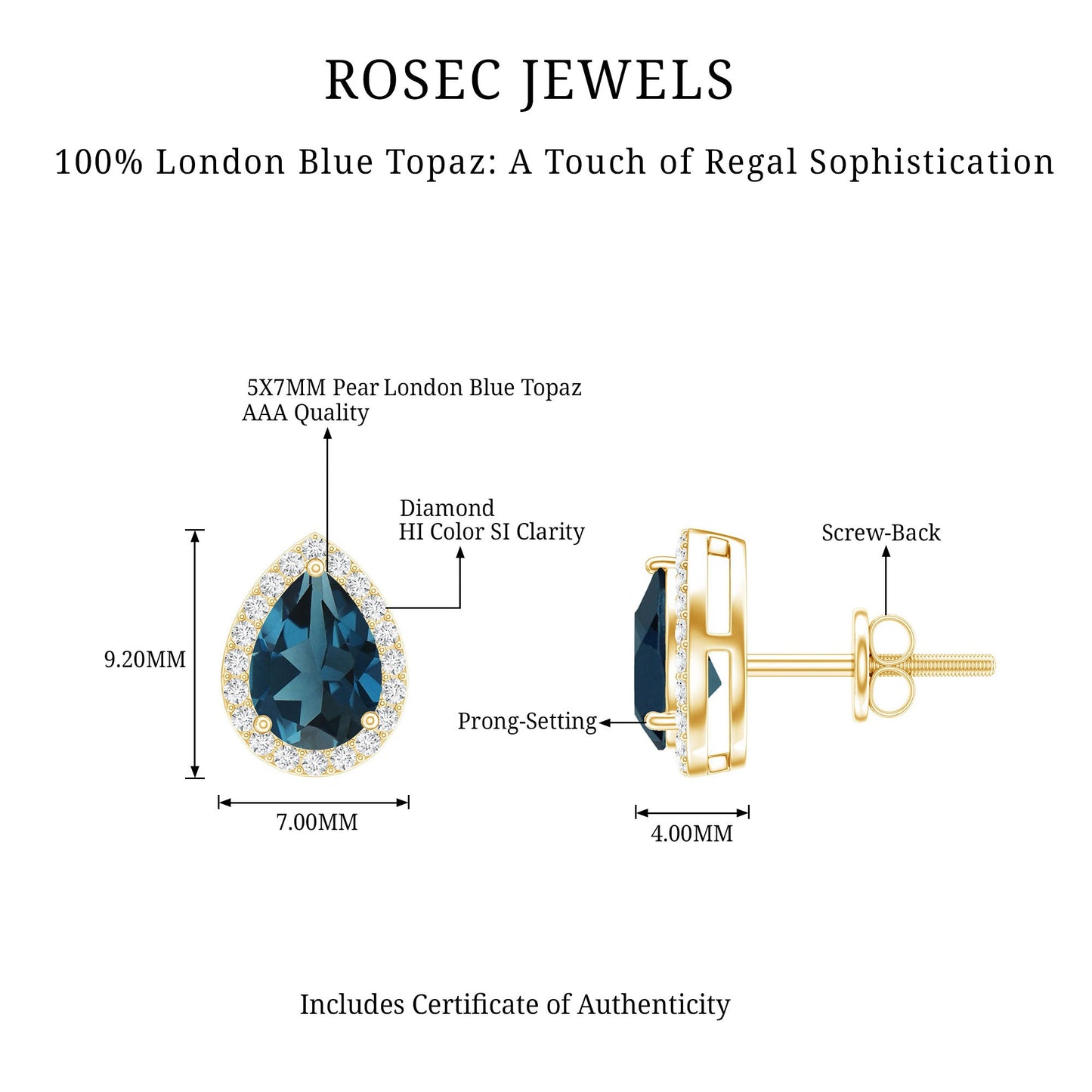 Real London Blue Topaz Teardrop Stud Earrings with Diamond Halo
