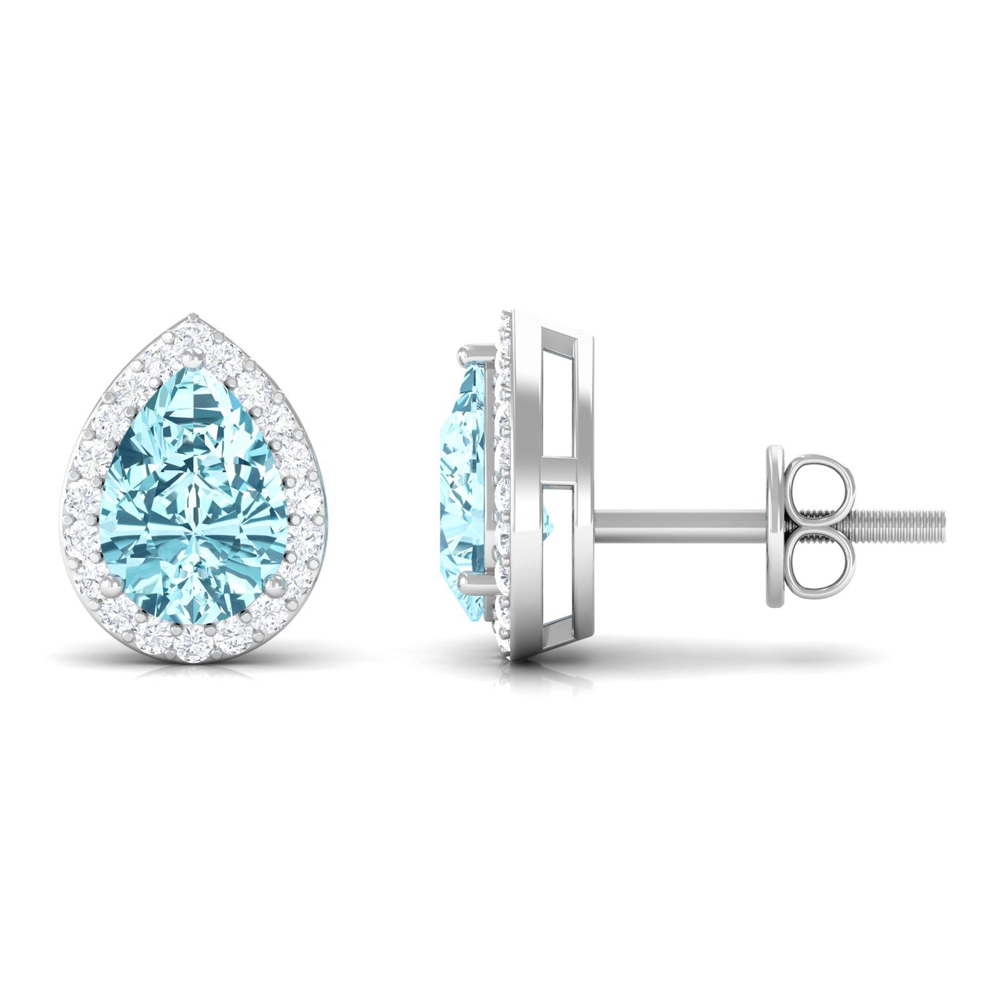 Natural Pear Shape Aquamarine Stud Earrings with Diamond Halo