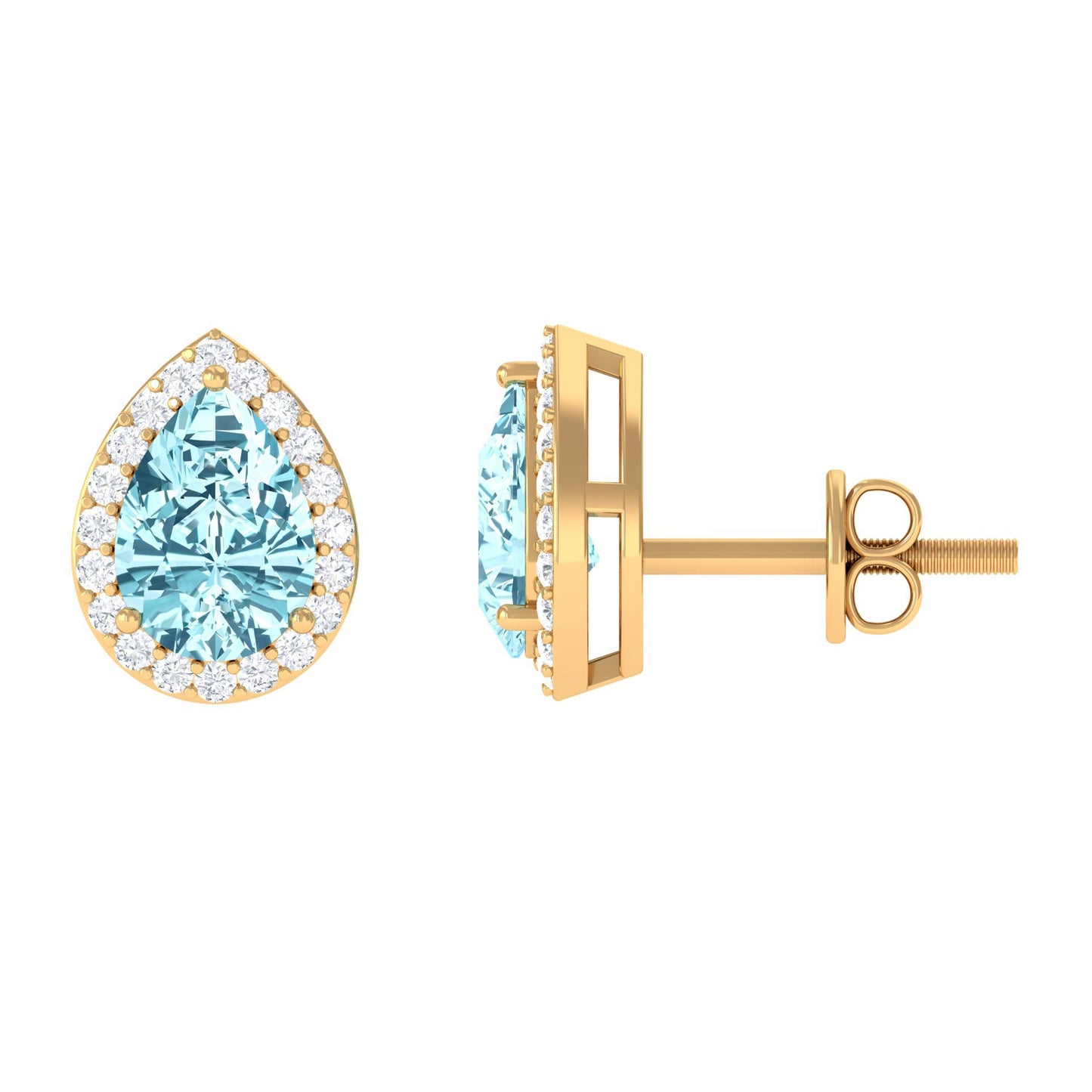 Natural Pear Shape Aquamarine Stud Earrings with Diamond Halo