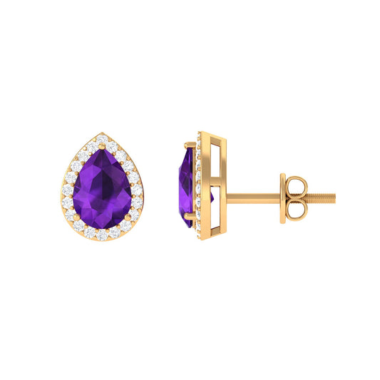 Classic Pear Shape Amethyst Teardrop Earrings with Diamond Halo