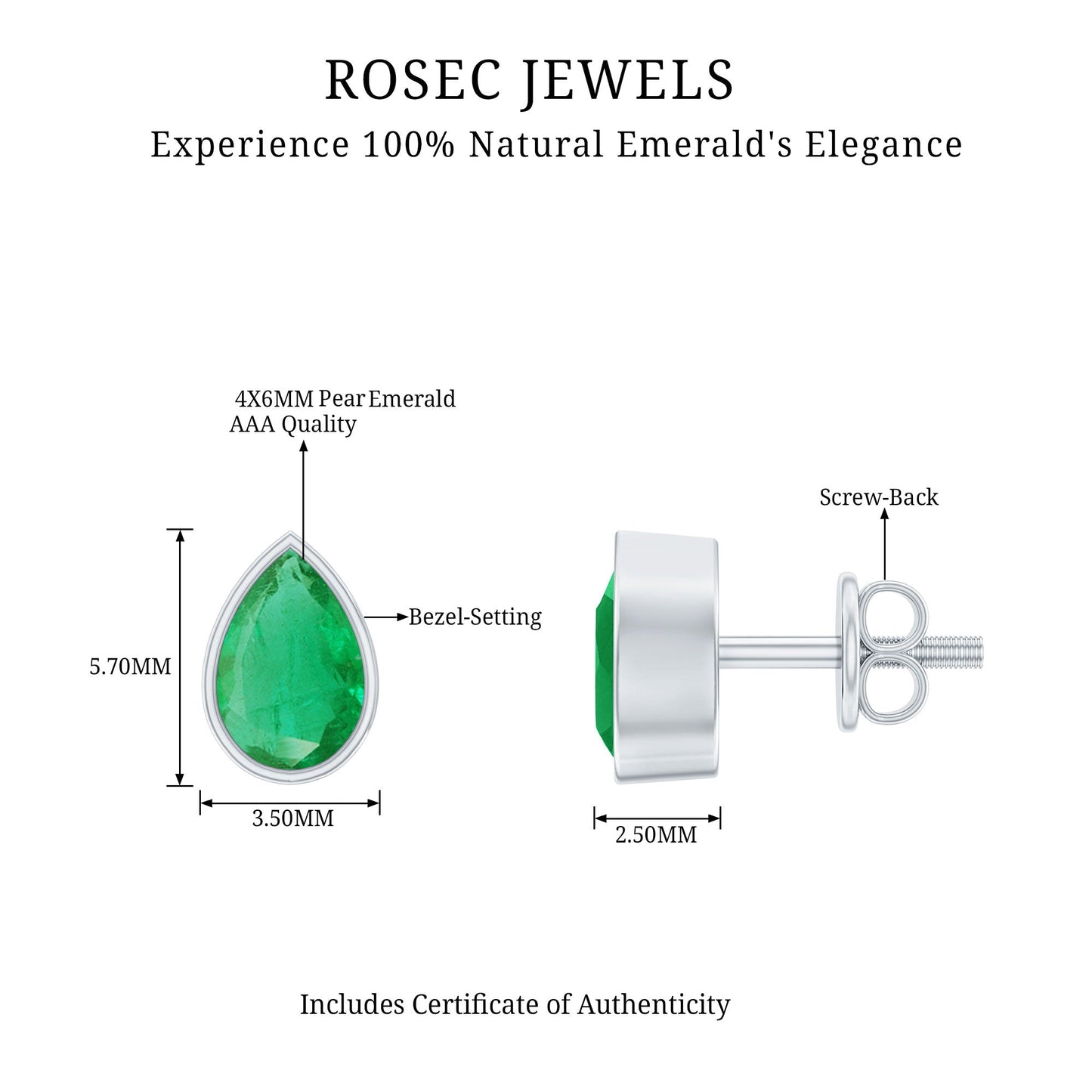 Genuine Emerald Teardrop Stud Earrings in Bezel Setting