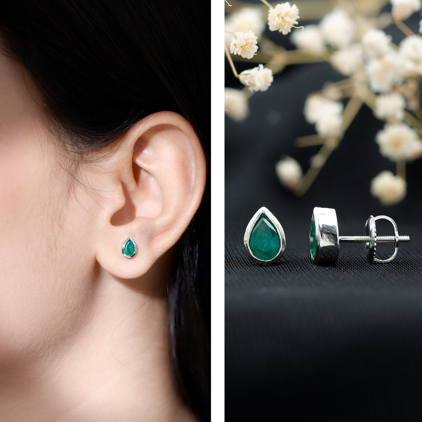 Genuine Emerald Teardrop Stud Earrings in Bezel Setting