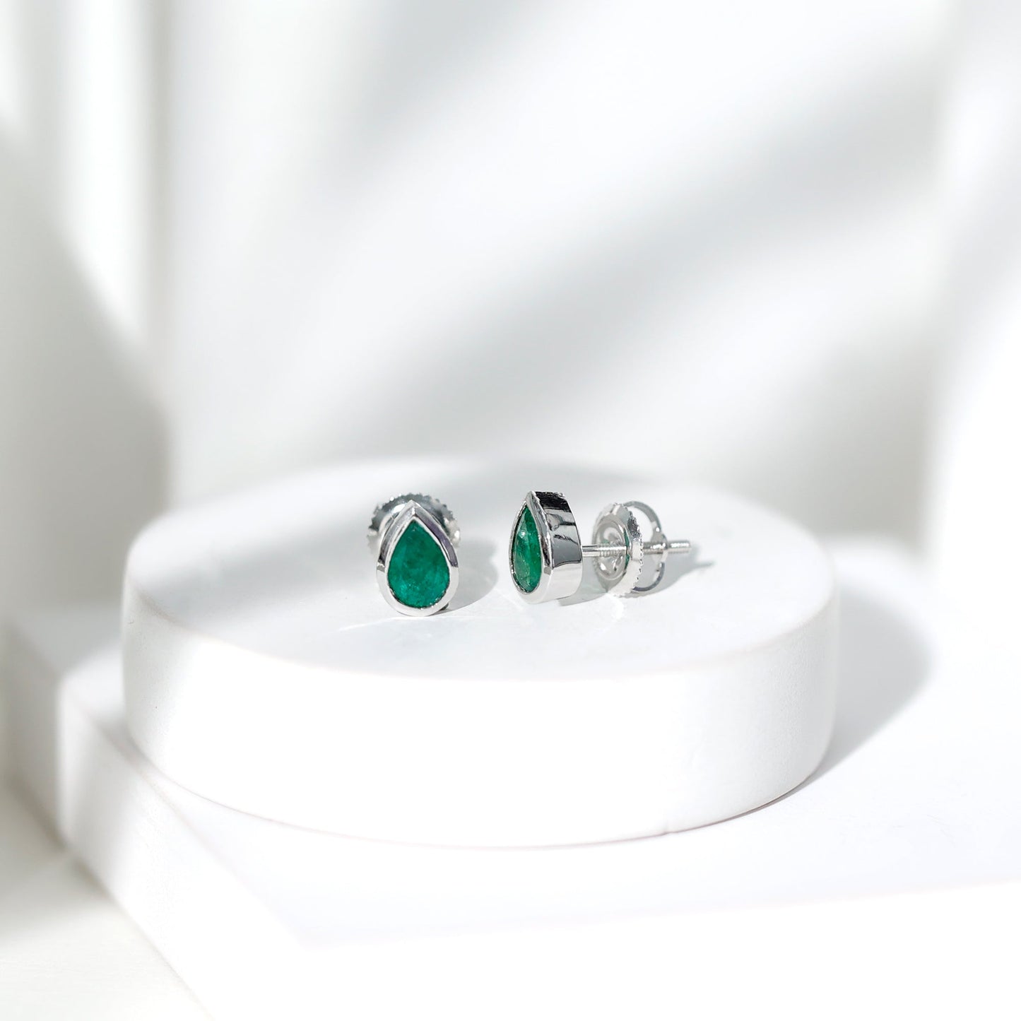 Genuine Emerald Teardrop Stud Earrings in Bezel Setting
