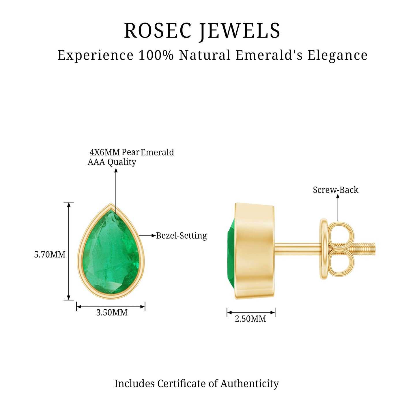 Genuine Emerald Teardrop Stud Earrings in Bezel Setting