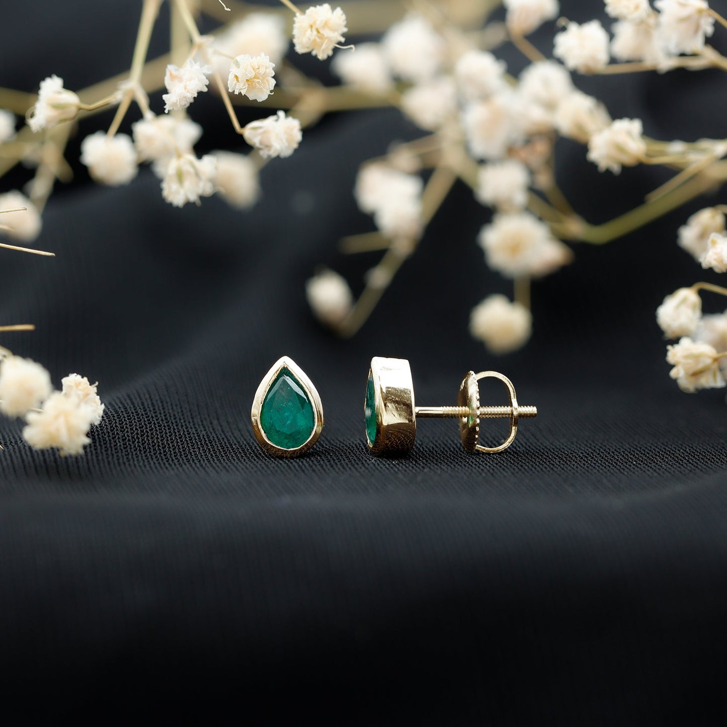 Genuine Emerald Teardrop Stud Earrings in Bezel Setting