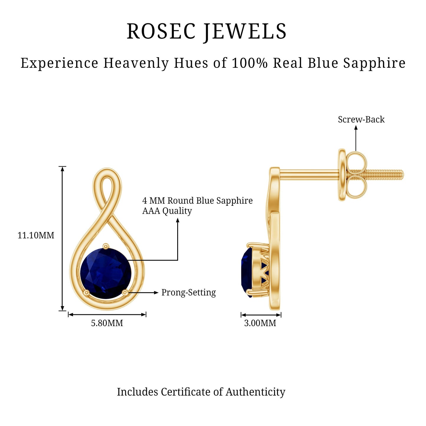 0.8 Carat Round Cut Blue Sapphire Solitaire Infinity Stud Earrings