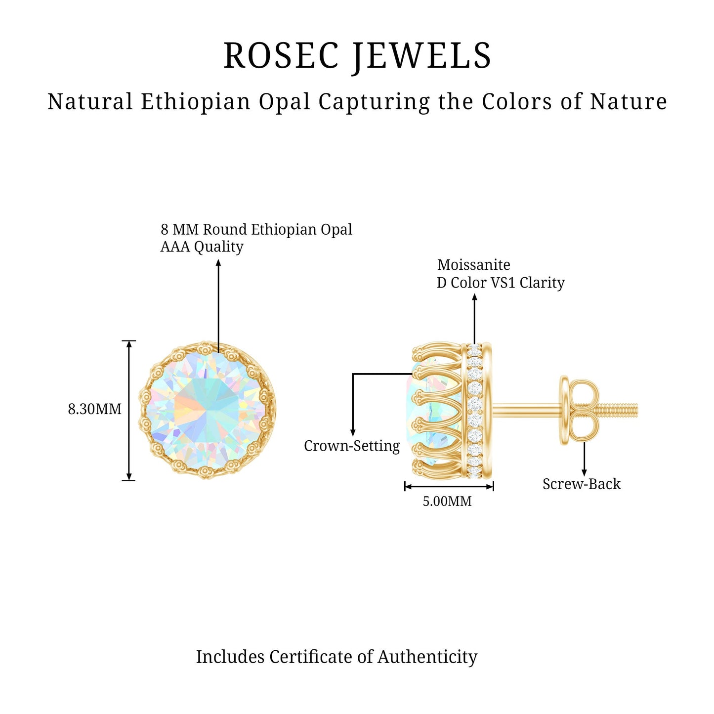 Real Ethiopian Opal Crown Stud Earrings with Certificate