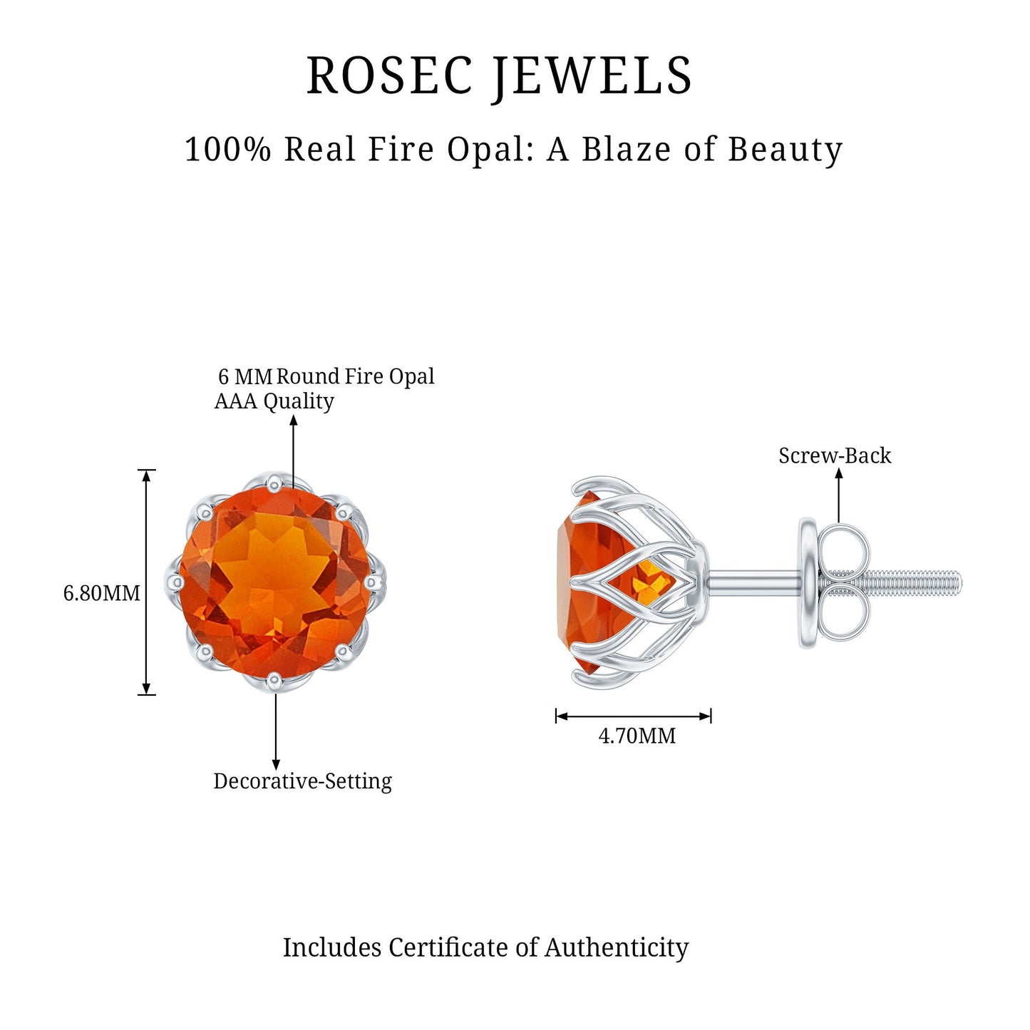 Natural Fire Opal Stud Earrings with Certificate