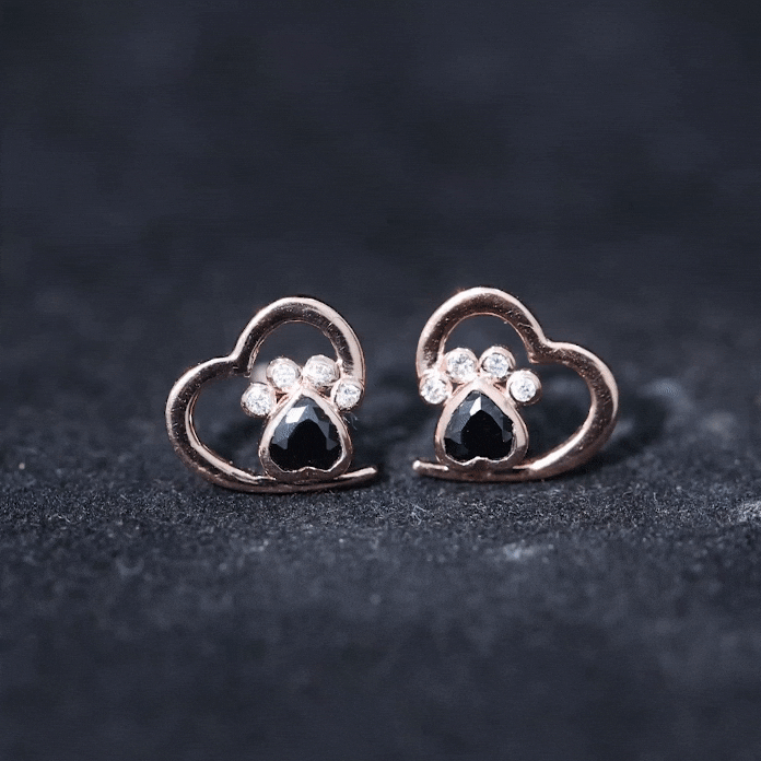 Heart Shape Black Onyx and Diamond Paw Stud Earrings