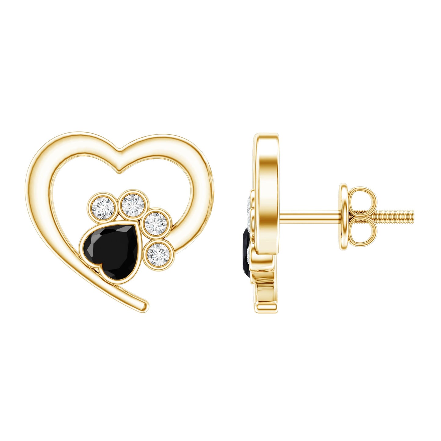 Heart Shape Black Onyx and Diamond Paw Stud Earrings