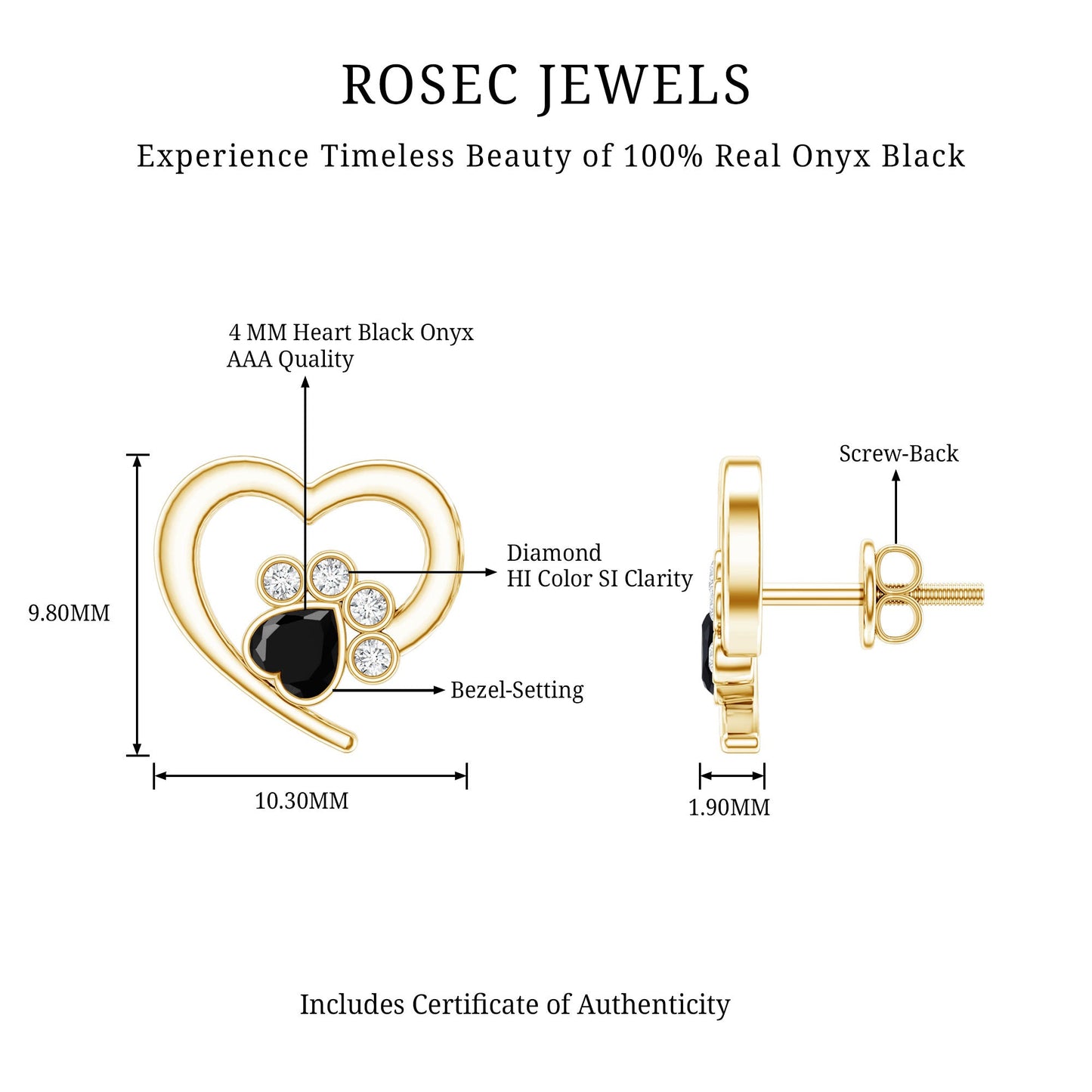 Heart Shape Black Onyx and Diamond Paw Stud Earrings