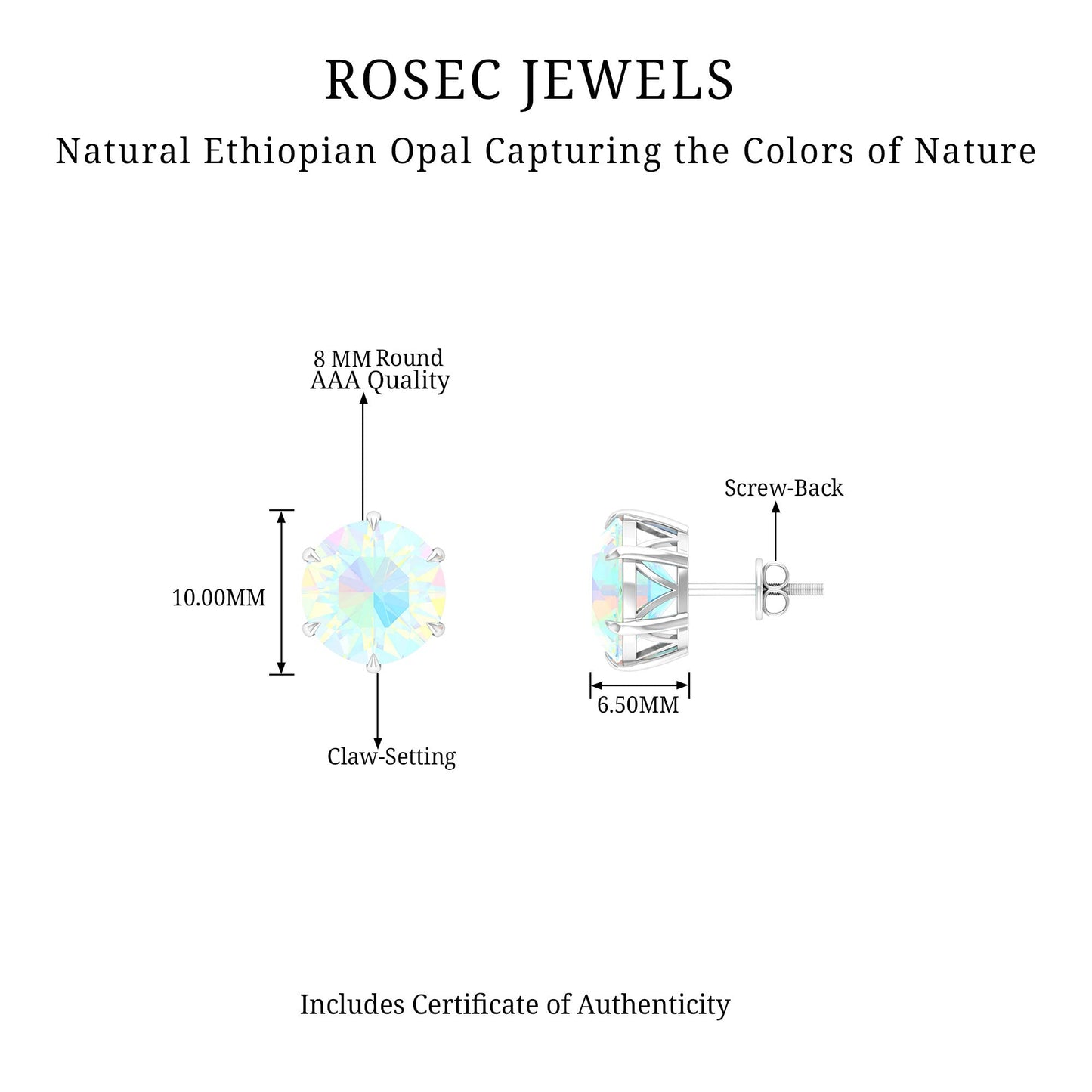 4 Carat Genuine Round Ethiopian Opal Solitaire Stud Earrings