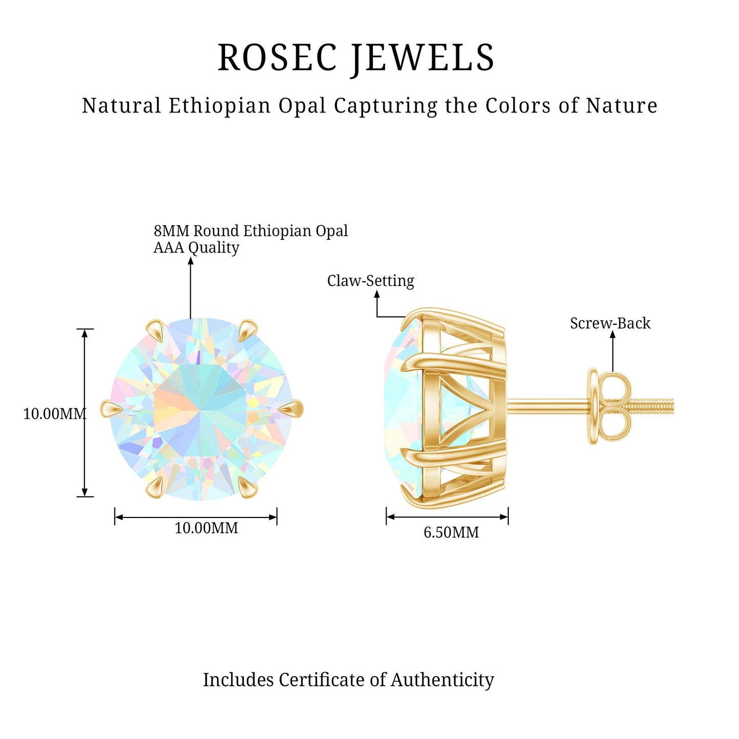 4 Carat Genuine Round Ethiopian Opal Solitaire Stud Earrings