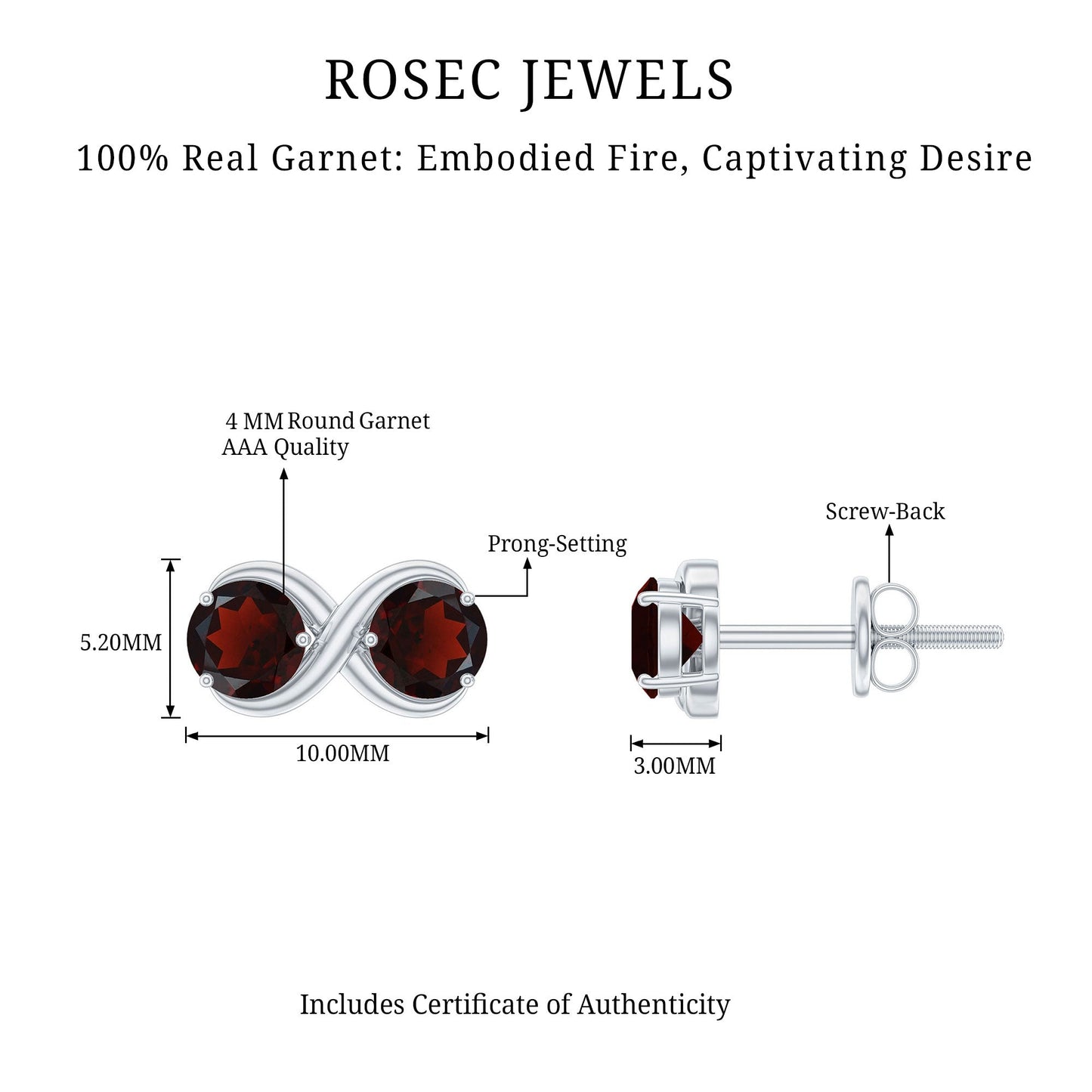 Natural Garnet Infinity Stud Earrings with Screw Backs