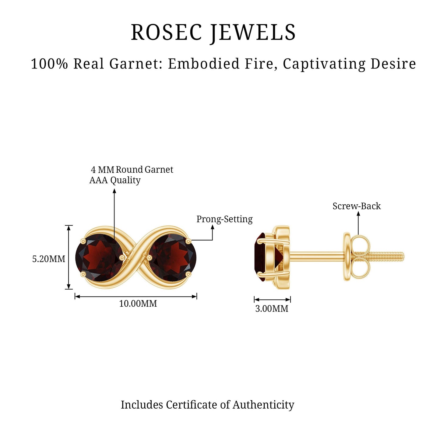Natural Garnet Infinity Stud Earrings with Screw Backs