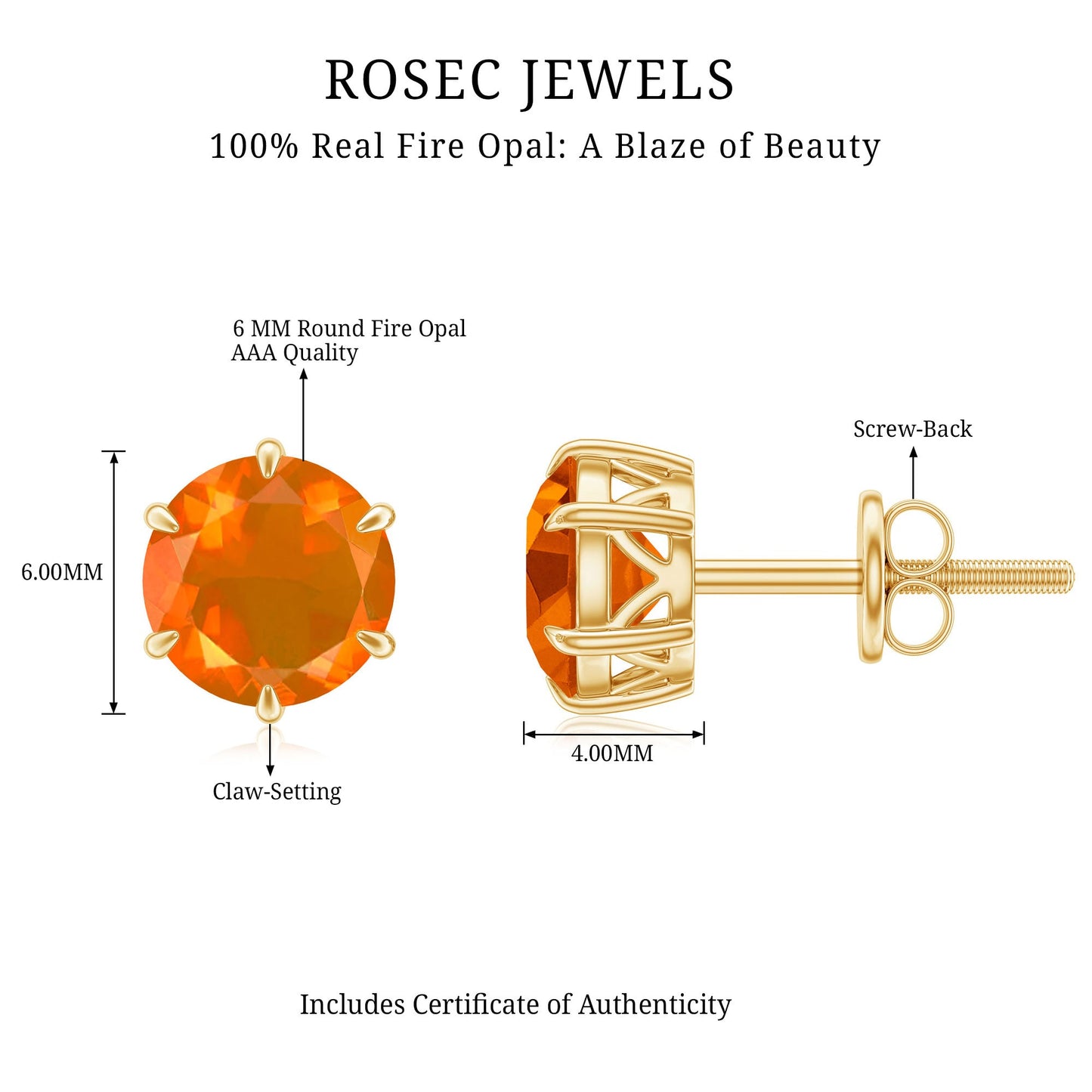 1.5 Carat Round Fire Opal Solitaire Stud Earrings