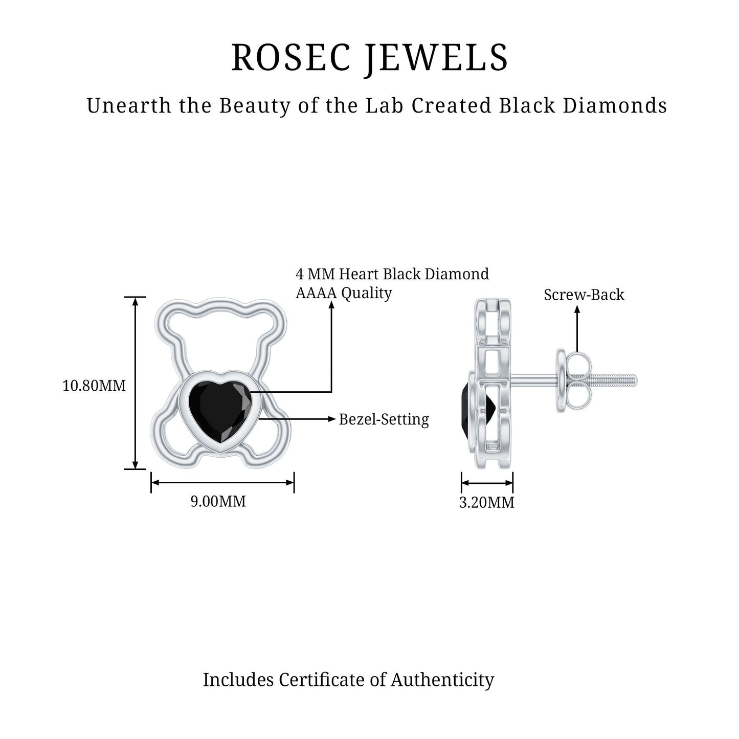 Heart Shape Lab Created Black Diamond Teddy Bear Stud Earrings