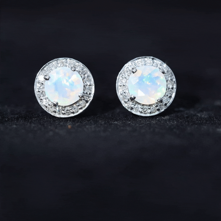 1.6 Carat Round Ethiopian Opal and Diamond Halo Stud Earrings