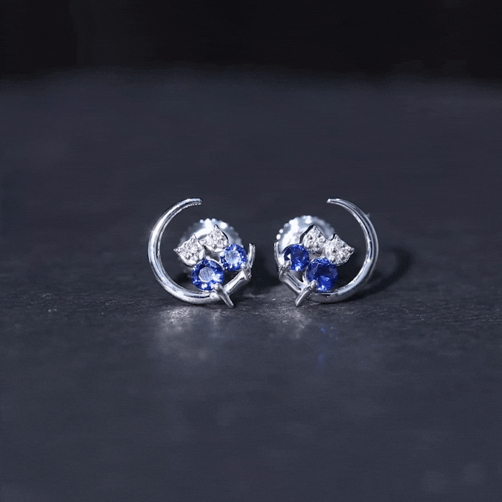 Lab Grown Blue Sapphire and Diamond Cat and Moon Stud Earrings