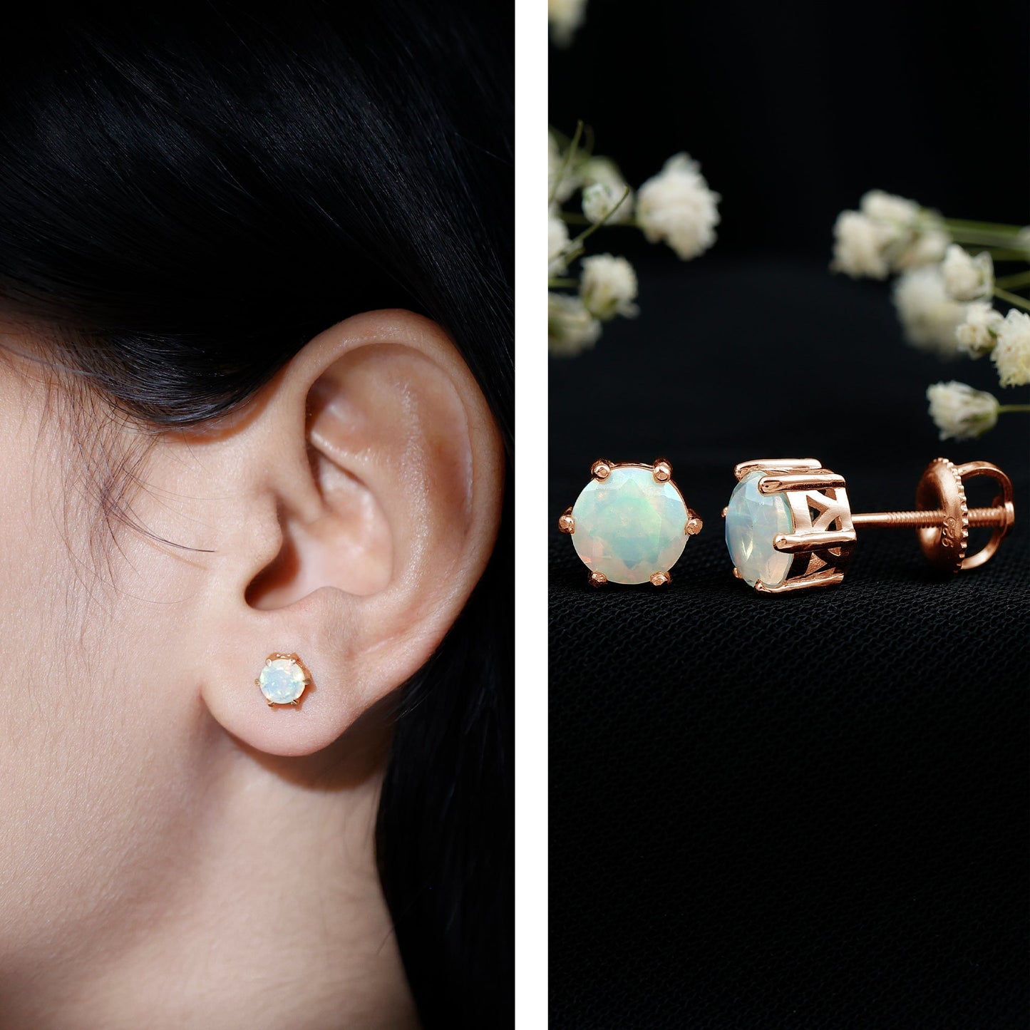 1.6 Carat Round Ethiopian Opal Solitaire Stud Earrings in 6 Claw Setting