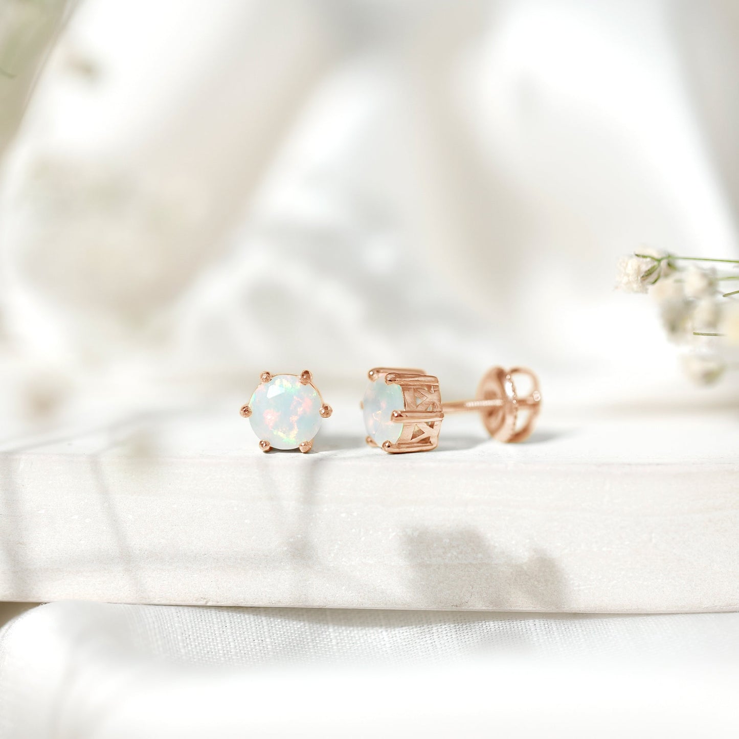 1.6 Carat Round Ethiopian Opal Solitaire Stud Earrings in 6 Claw Setting