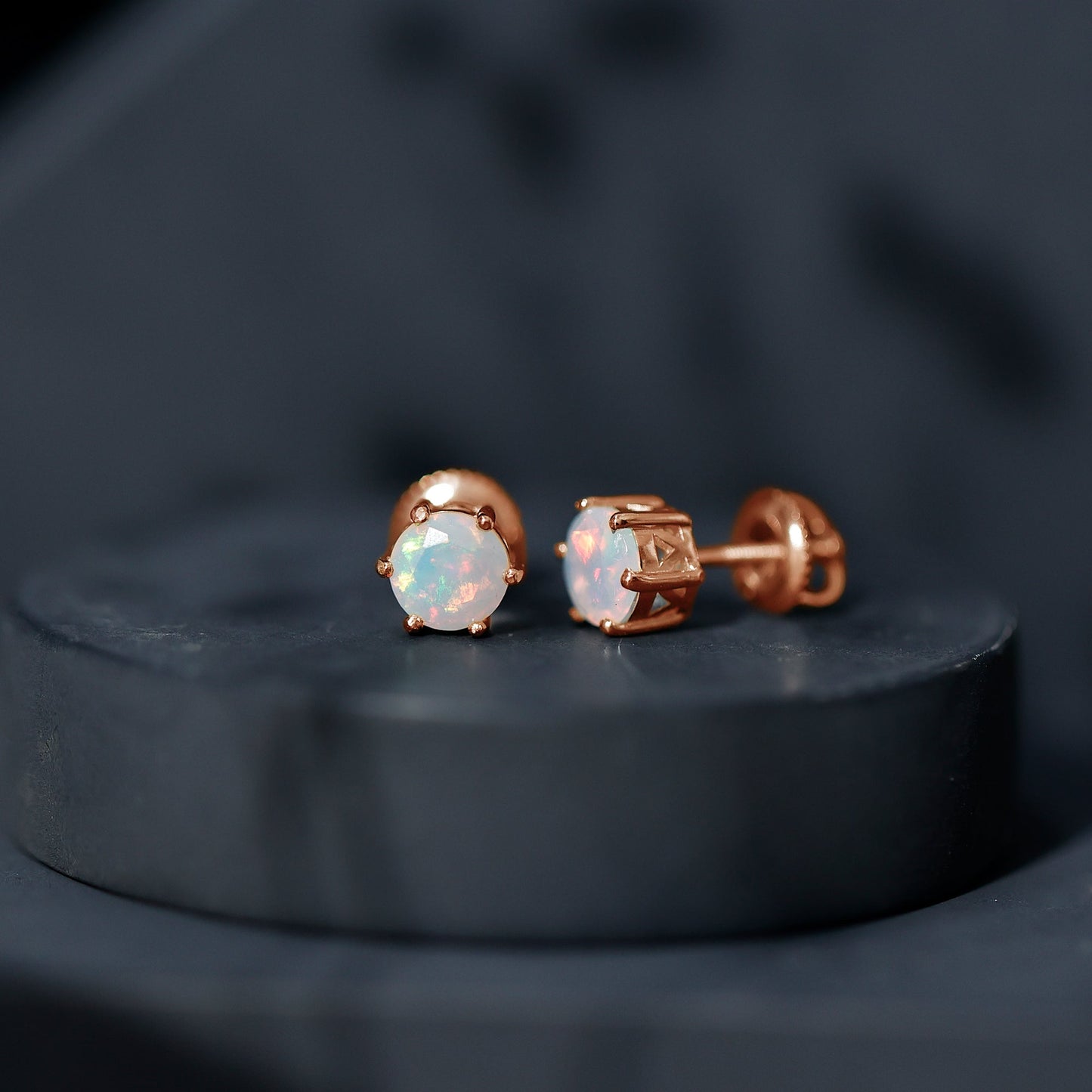 1.6 Carat Round Ethiopian Opal Solitaire Stud Earrings in 6 Claw Setting