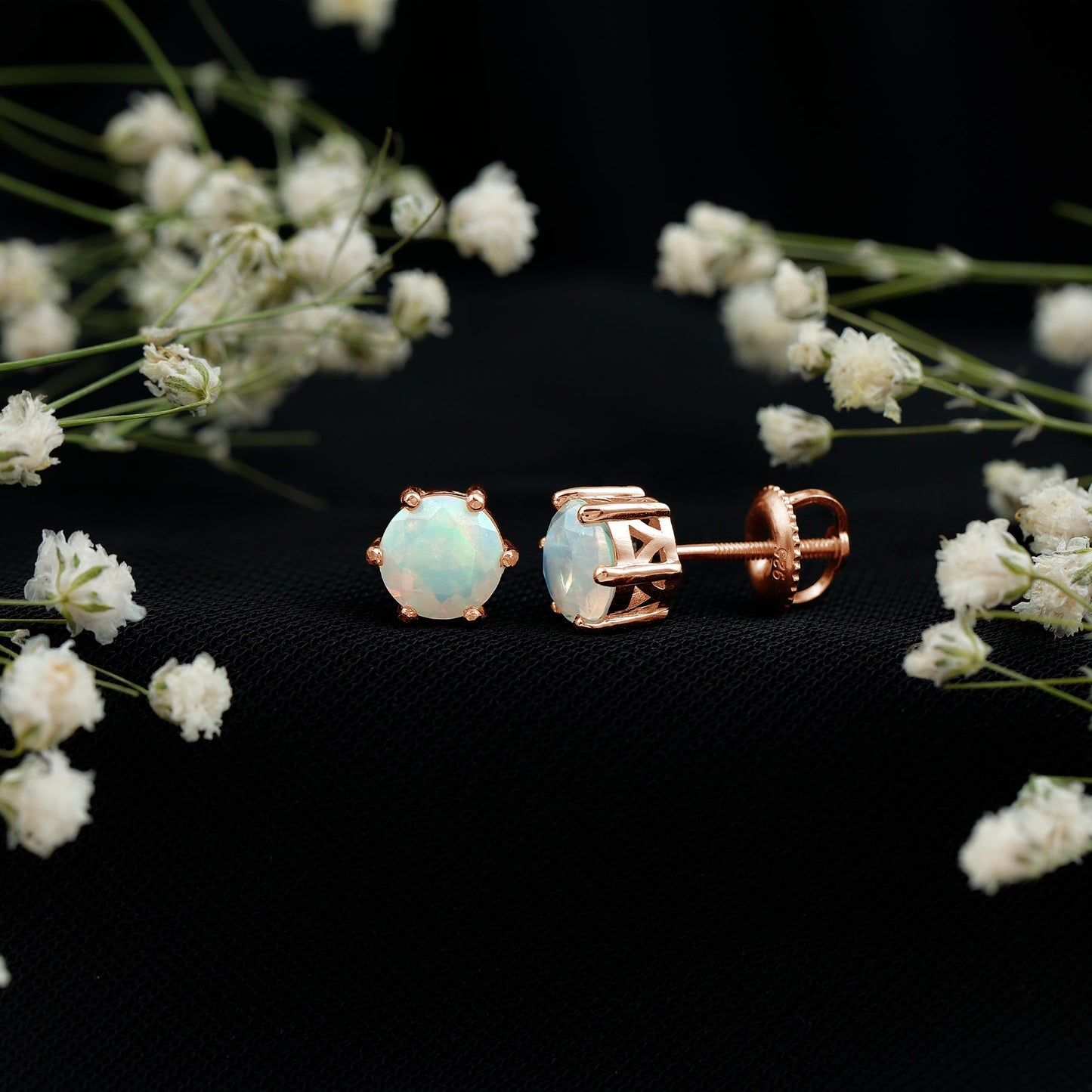1.6 Carat Round Ethiopian Opal Solitaire Stud Earrings in 6 Claw Setting