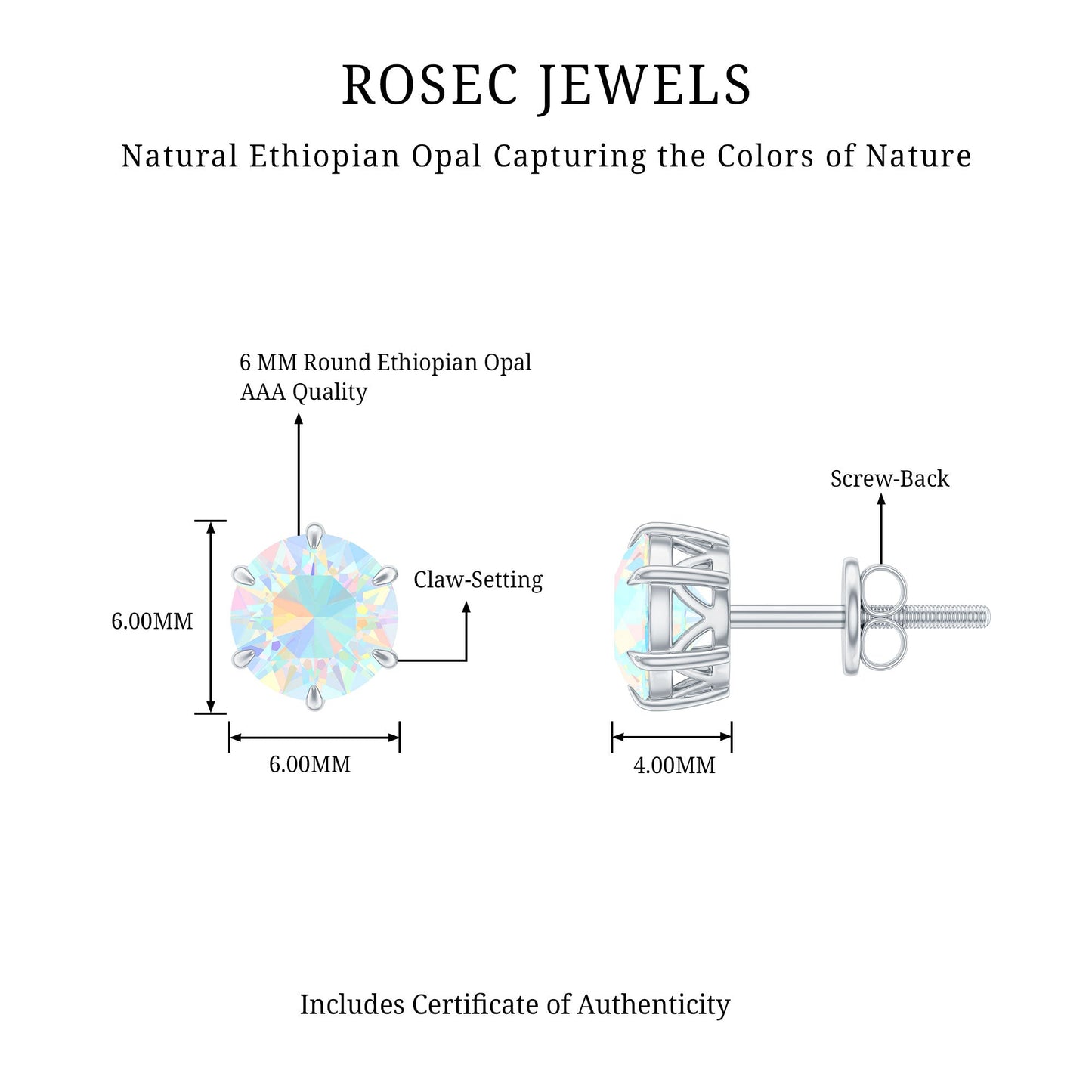 1.6 Carat Round Ethiopian Opal Solitaire Stud Earrings in 6 Claw Setting