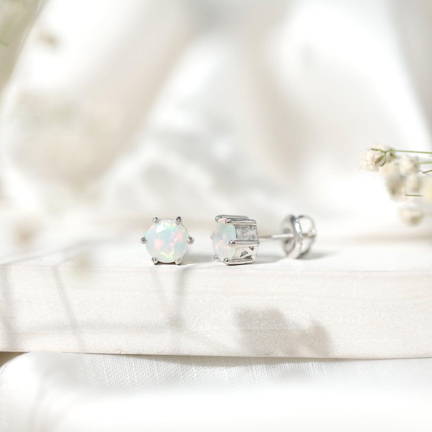 1.6 Carat Round Ethiopian Opal Solitaire Stud Earrings in 6 Claw Setting