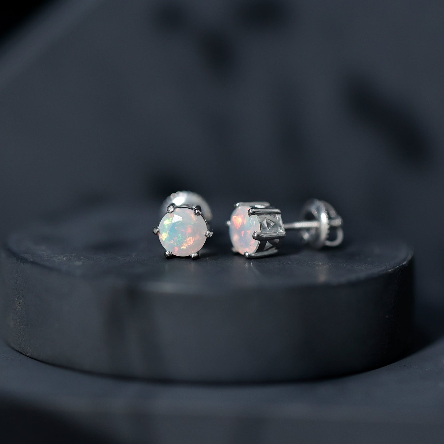1.6 Carat Round Ethiopian Opal Solitaire Stud Earrings in 6 Claw Setting