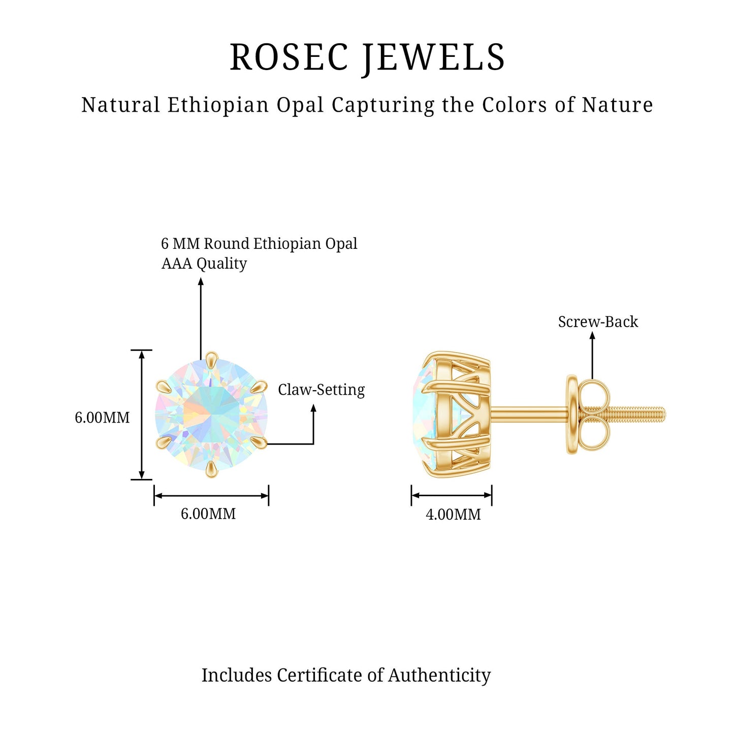 1.6 Carat Round Ethiopian Opal Solitaire Stud Earrings in 6 Claw Setting