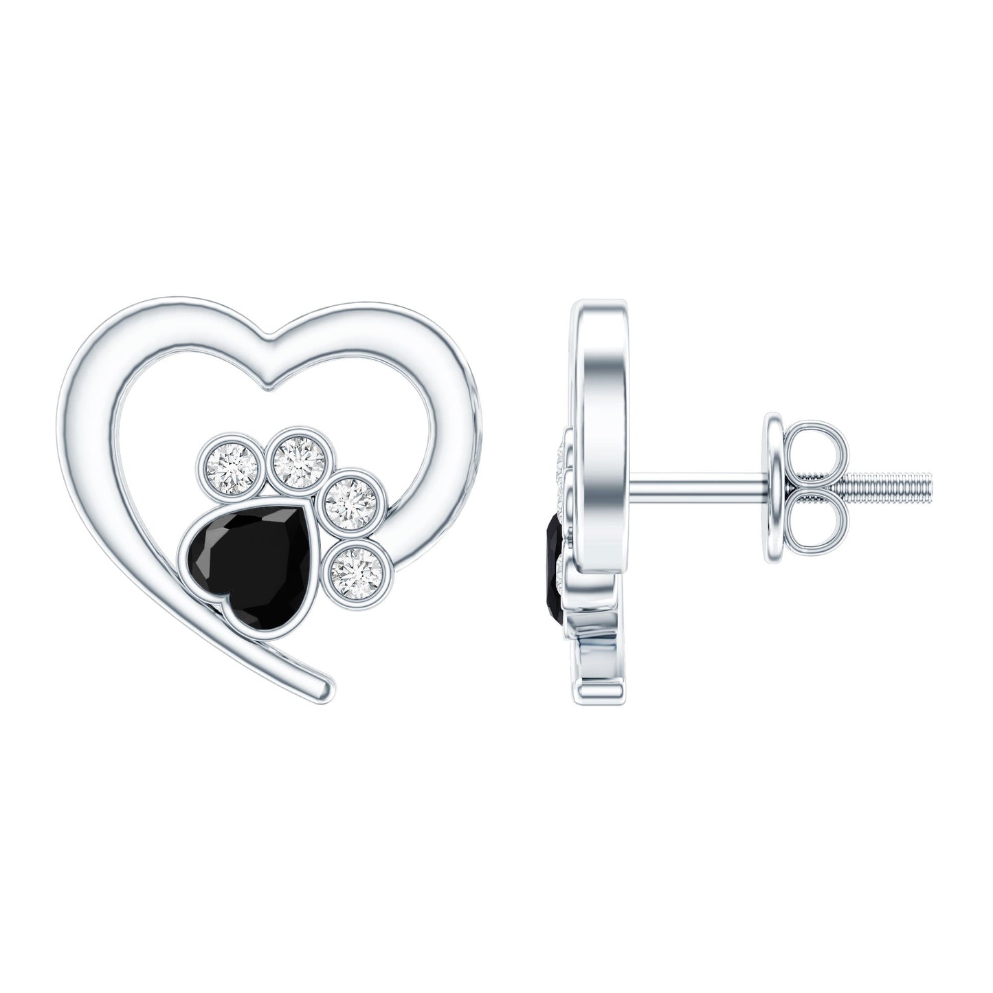 Heart Shape Black Spinel Paw Stud Earrings with Moissanite