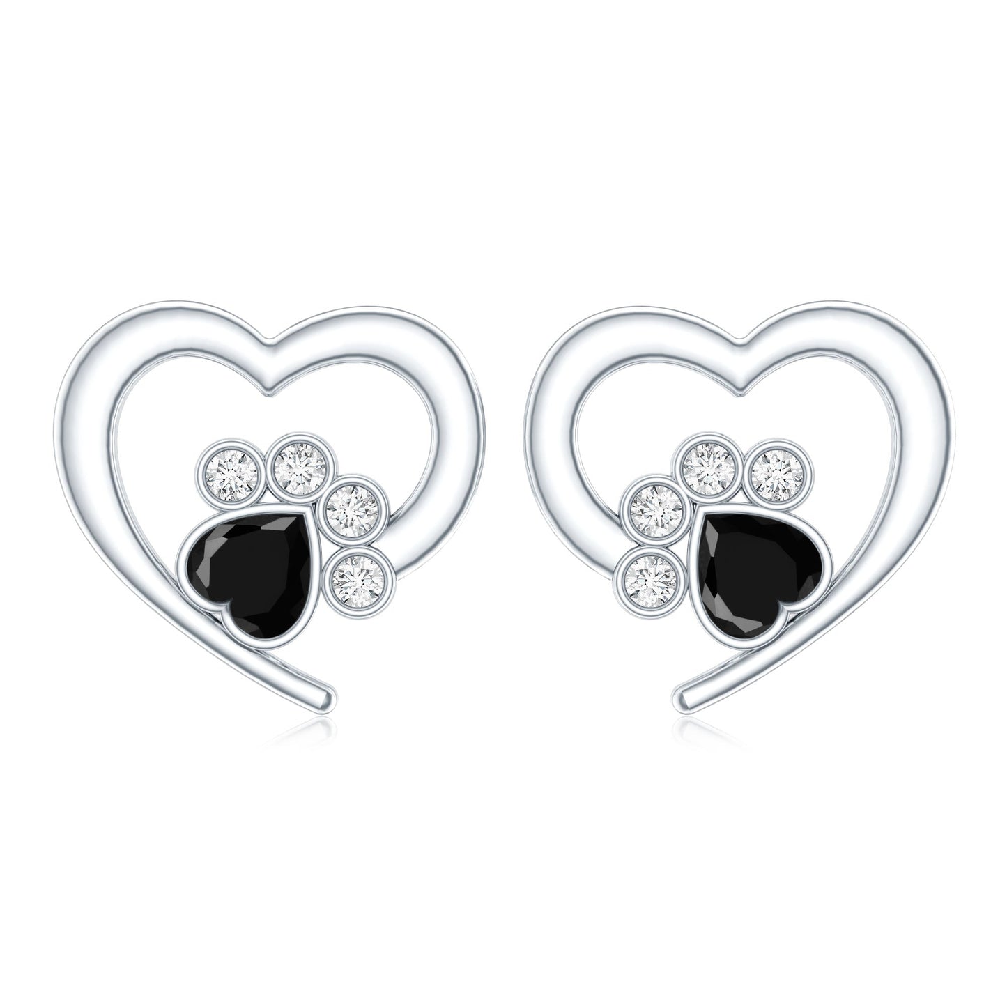 Heart Shape Black Spinel Paw Stud Earrings with Moissanite