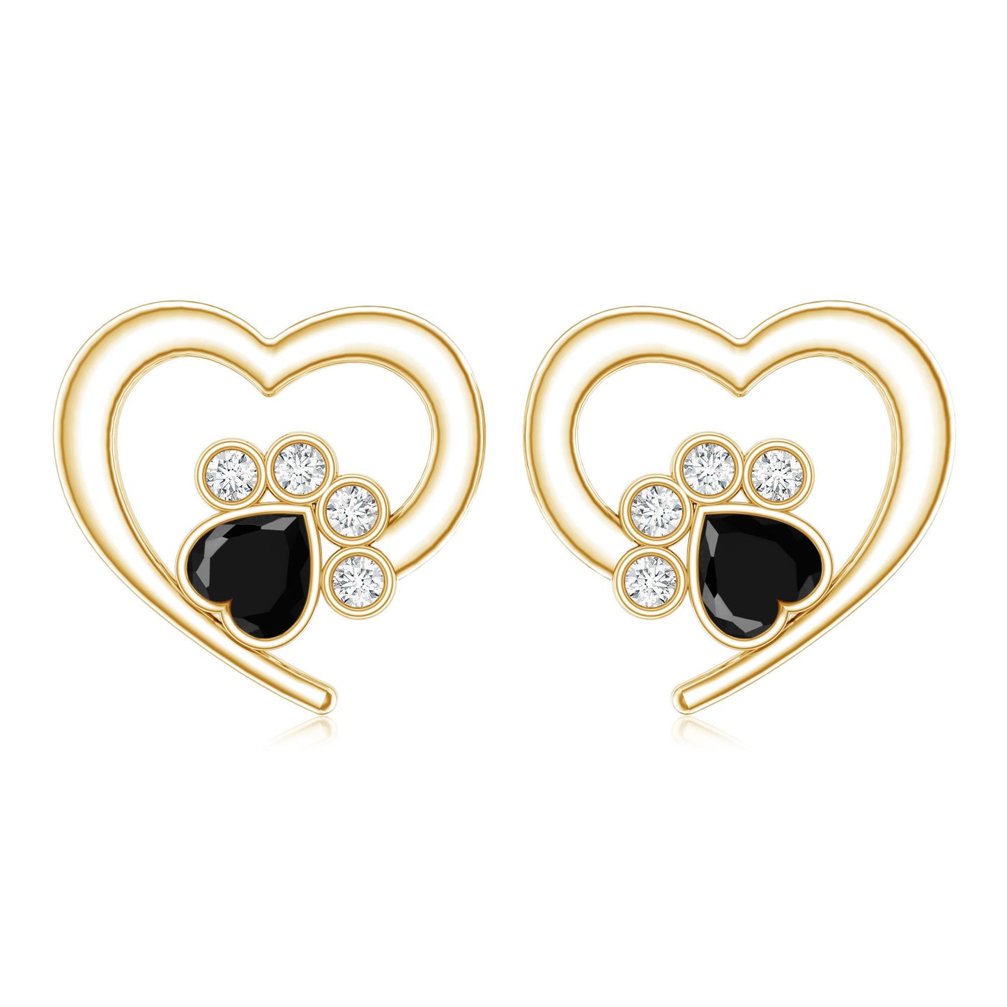 Heart Shape Black Spinel Paw Stud Earrings with Moissanite