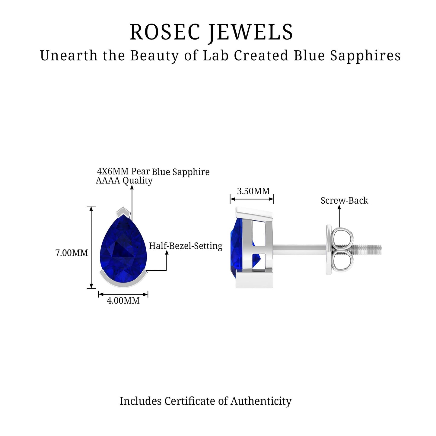 1 Carat Lab Grown Blue Sapphire Teardrop Stud Earrings