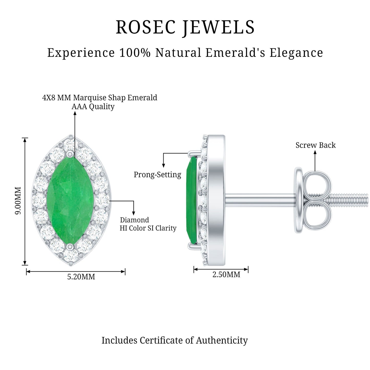 1.6 Carat Marquise Cut Emerald and Diamond Stud Earrings