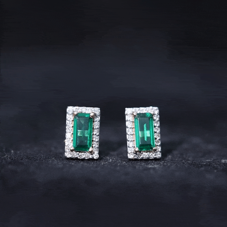Baguette Cut Lab Grown Emerald and Diamond Halo Stud Earrings