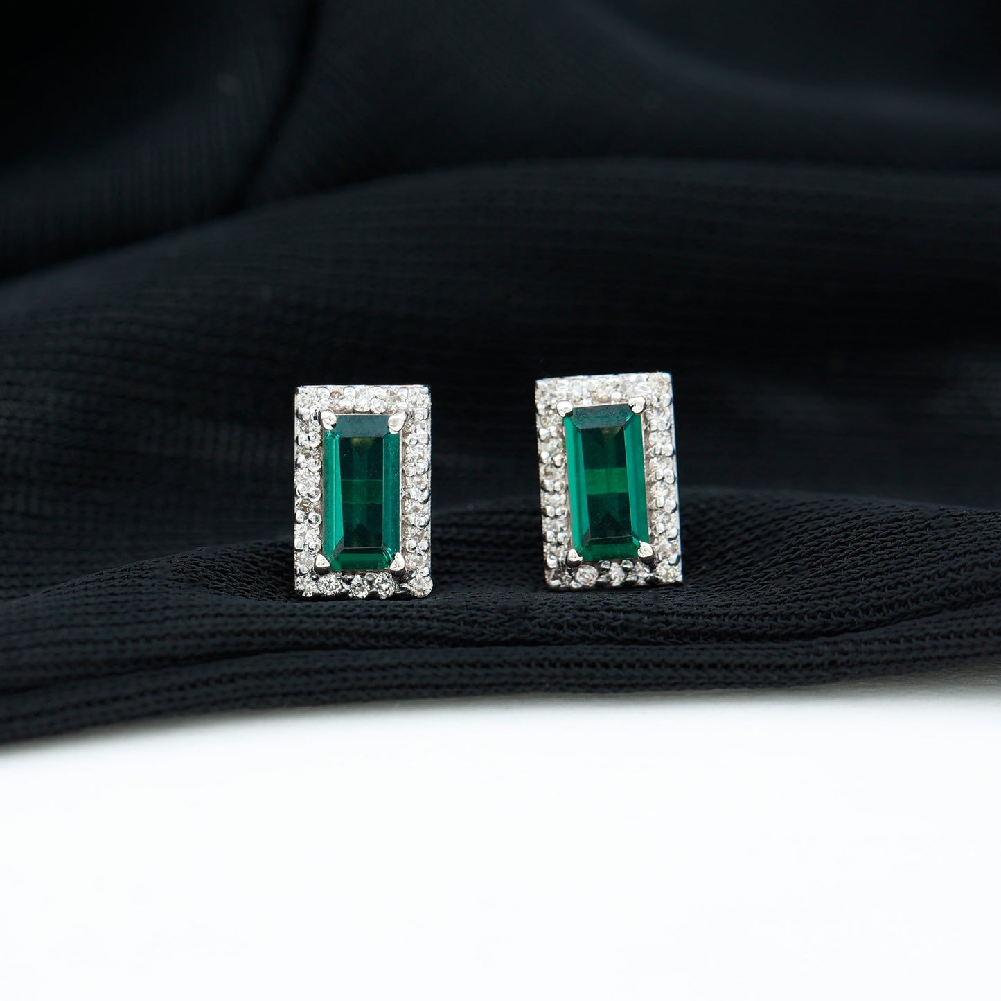 Baguette Cut Lab Grown Emerald and Diamond Halo Stud Earrings