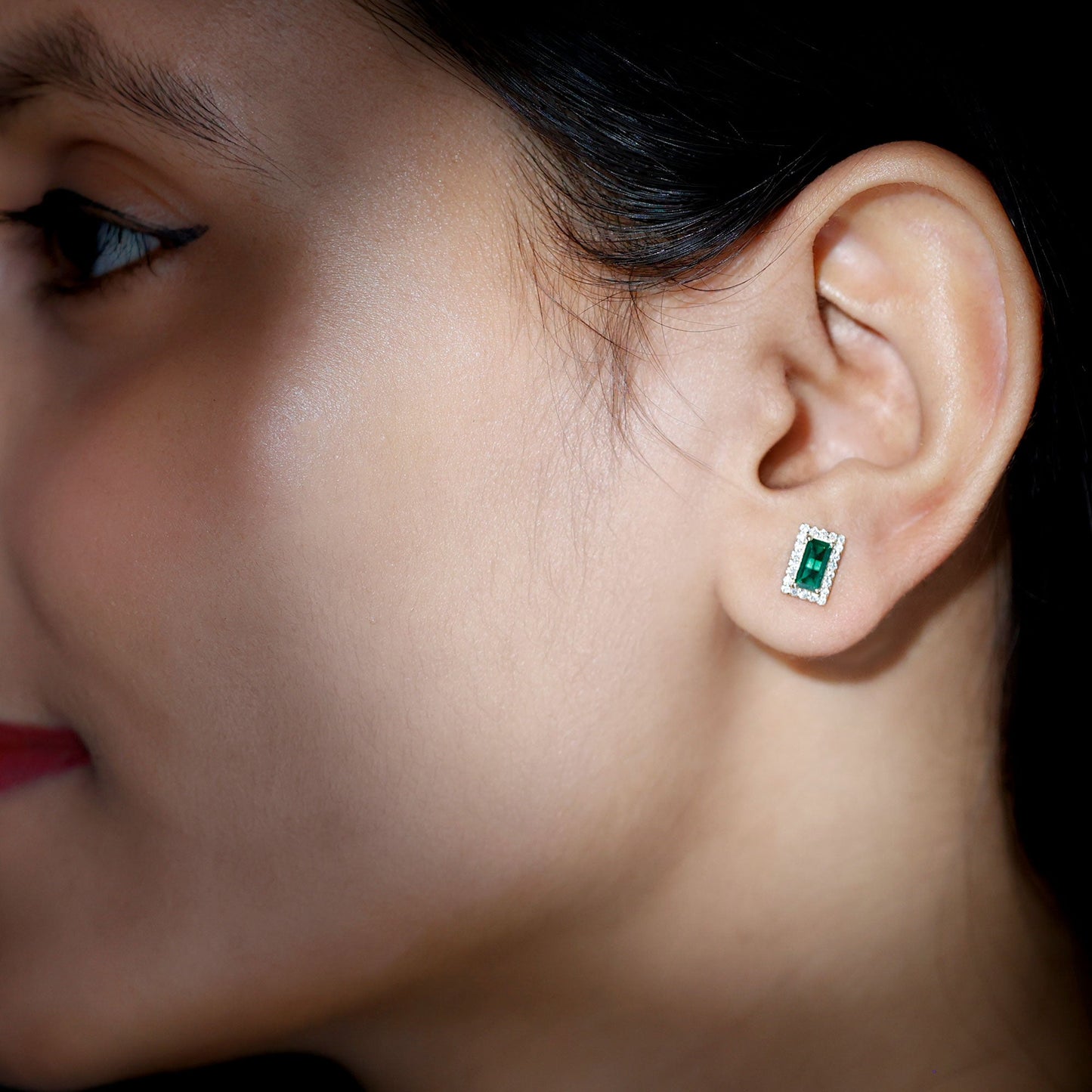 Baguette Cut Lab Grown Emerald and Diamond Halo Stud Earrings