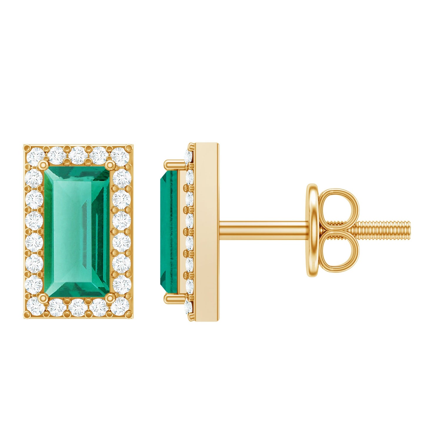 Baguette Cut Lab Grown Emerald and Diamond Halo Stud Earrings