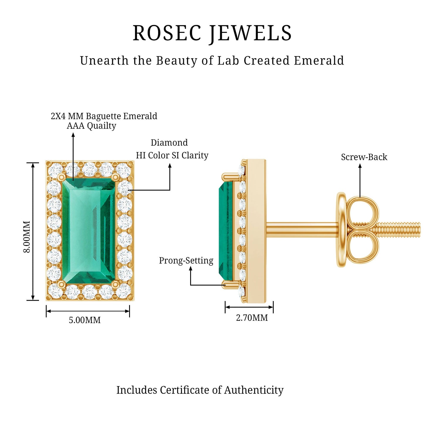 Baguette Cut Lab Grown Emerald and Diamond Halo Stud Earrings