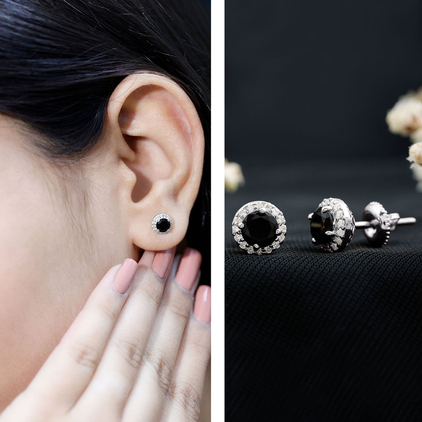 1.6 Carat Round Lab Created Black and White Diamond Halo Stud Earrings