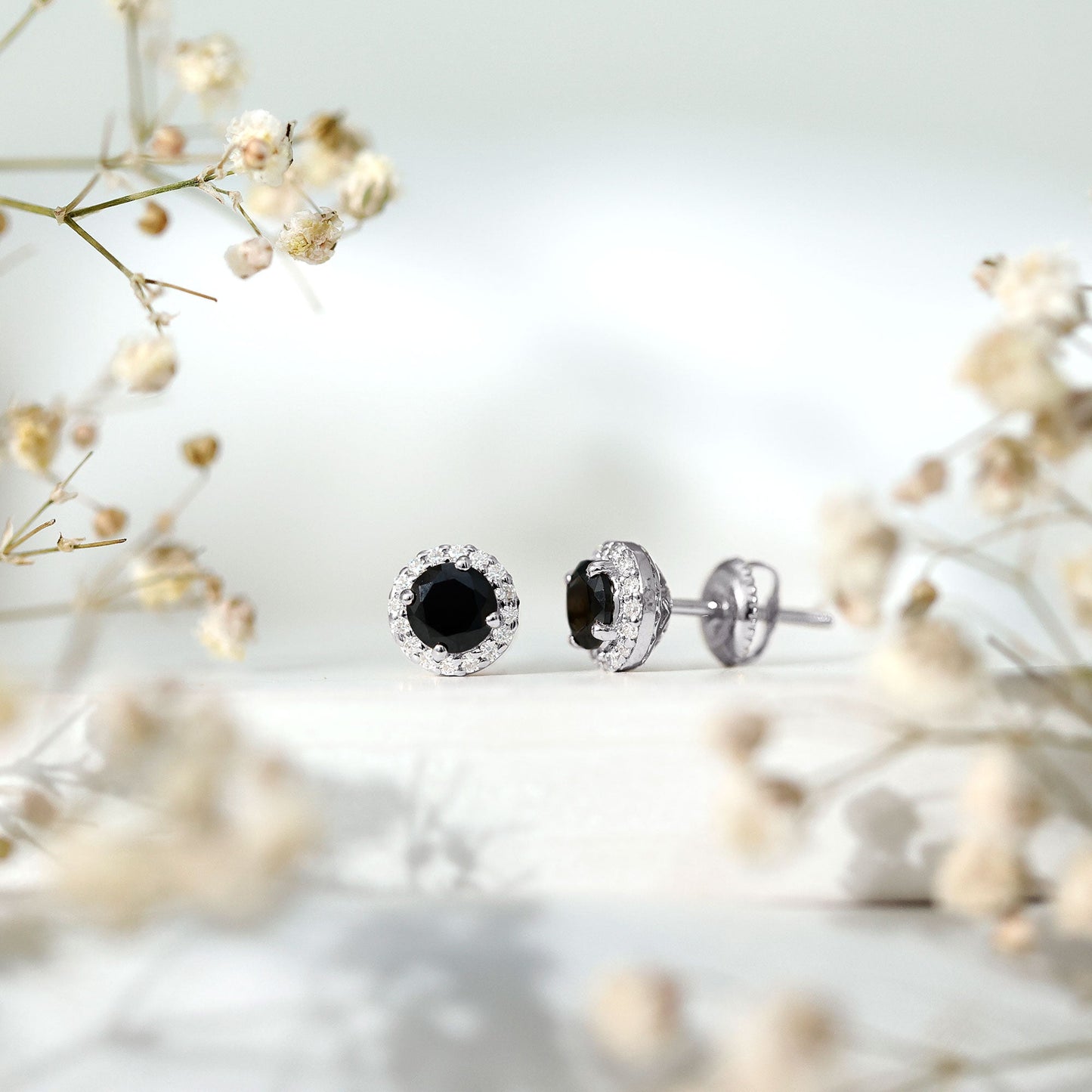1.6 Carat Round Lab Created Black and White Diamond Halo Stud Earrings