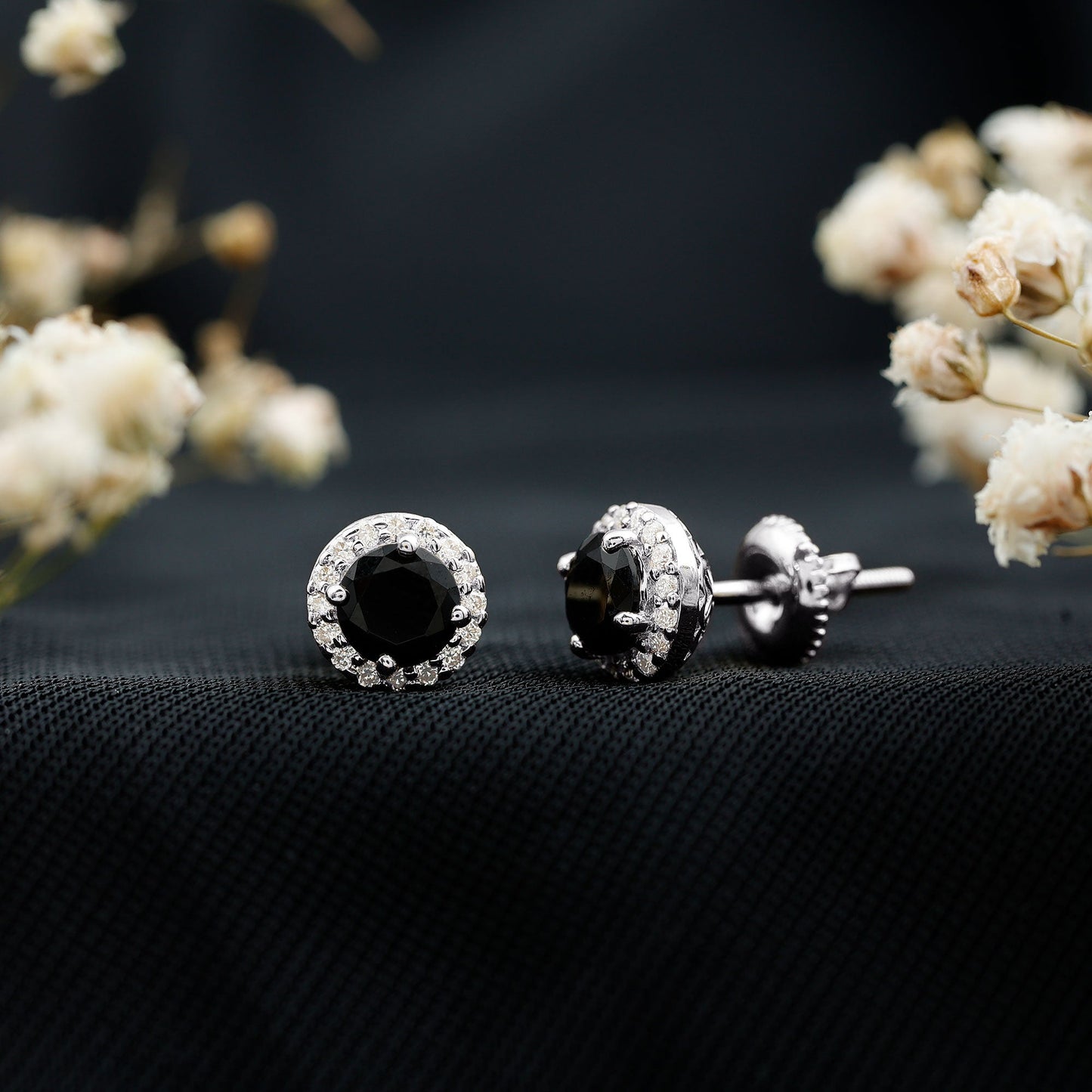 1.6 Carat Round Lab Created Black and White Diamond Halo Stud Earrings