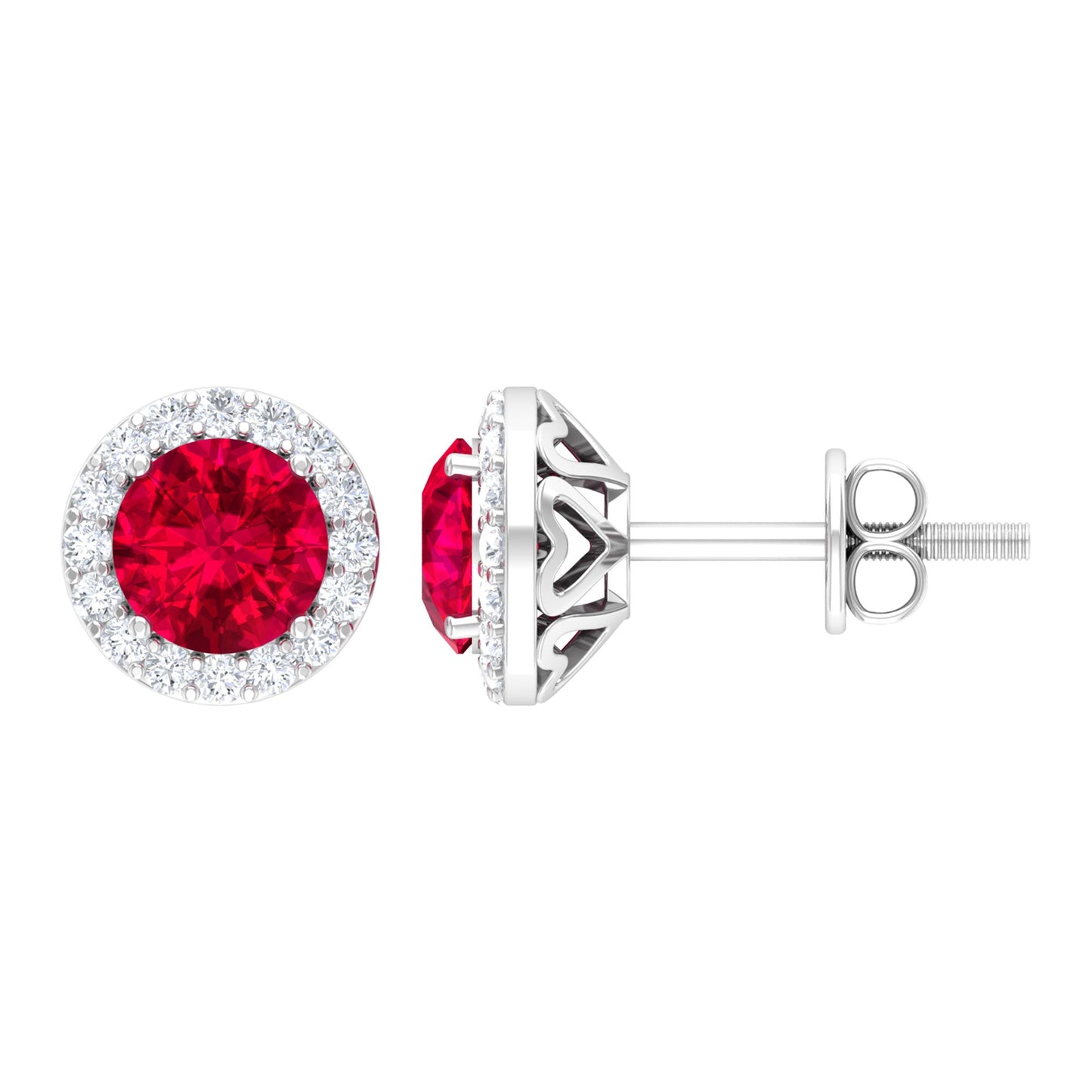 Round Lab Created Ruby Classic Stud Earrings With Diamond Halo