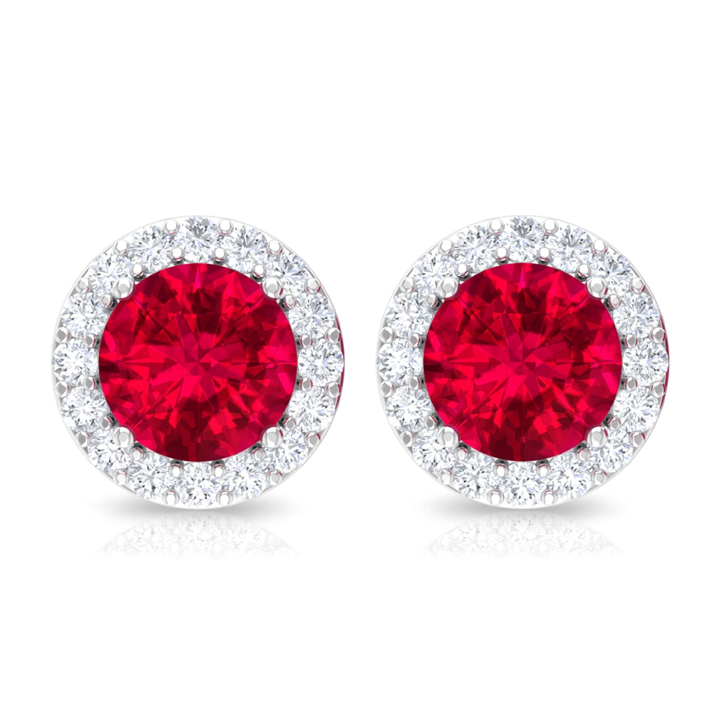 Round Lab Created Ruby Classic Stud Earrings With Diamond Halo